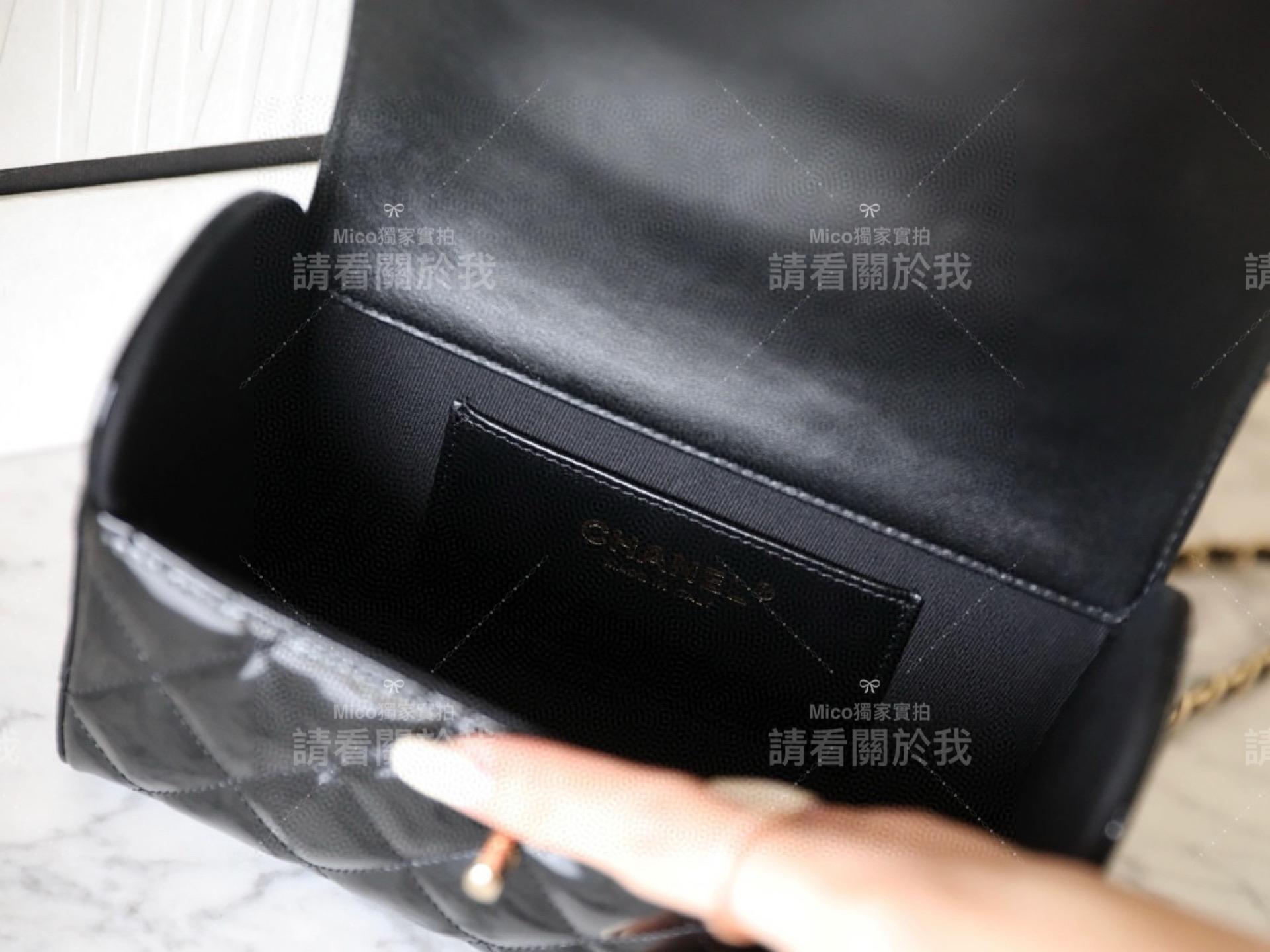 CHanel 23k秋冬款 黑色漆皮盒子包 ♥手提包 小羊皮 18cm