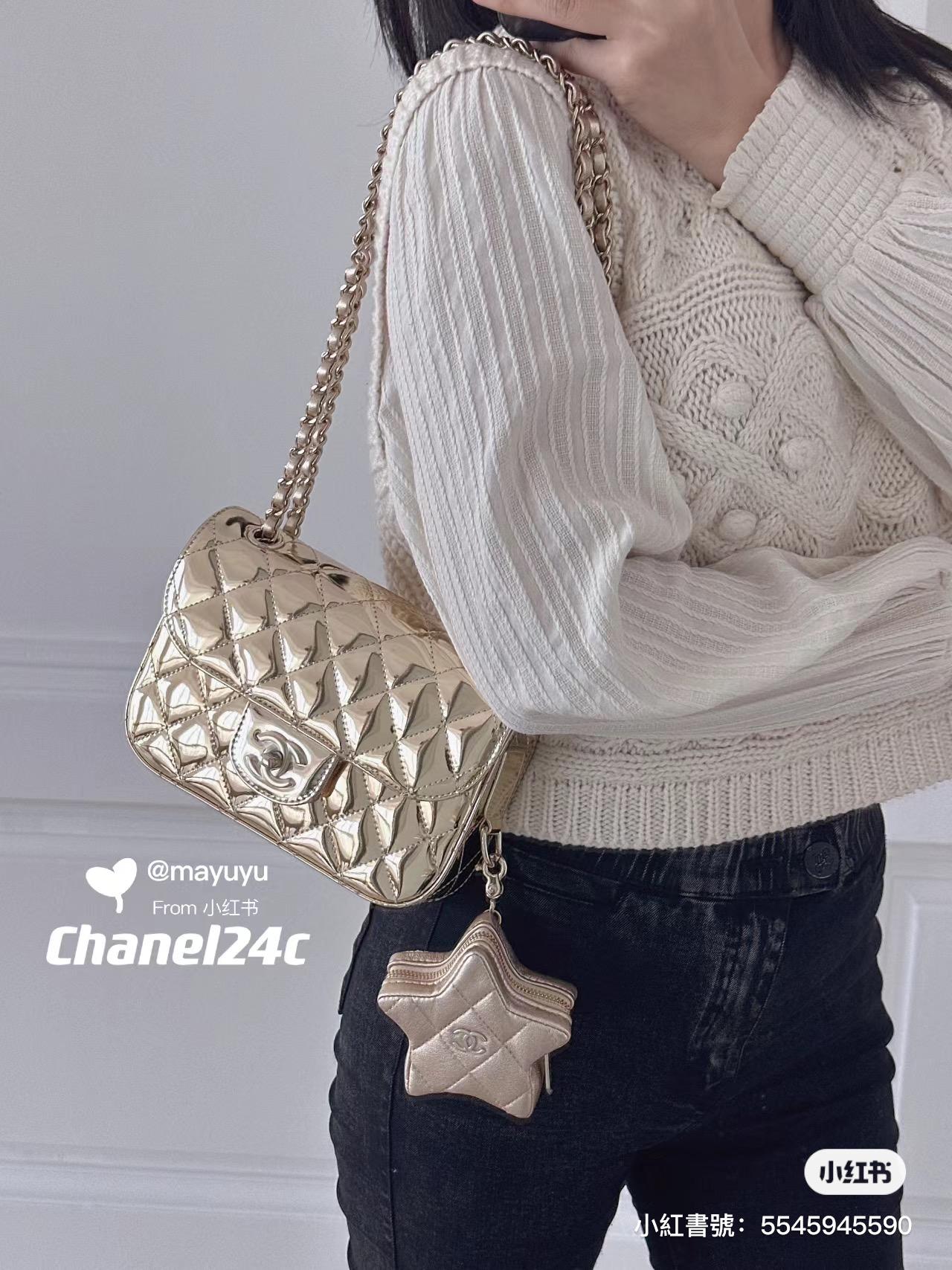 CHANEL 小香 24C早春渡假系列 秀款 漆皮金色星星子母包 CF 19cm