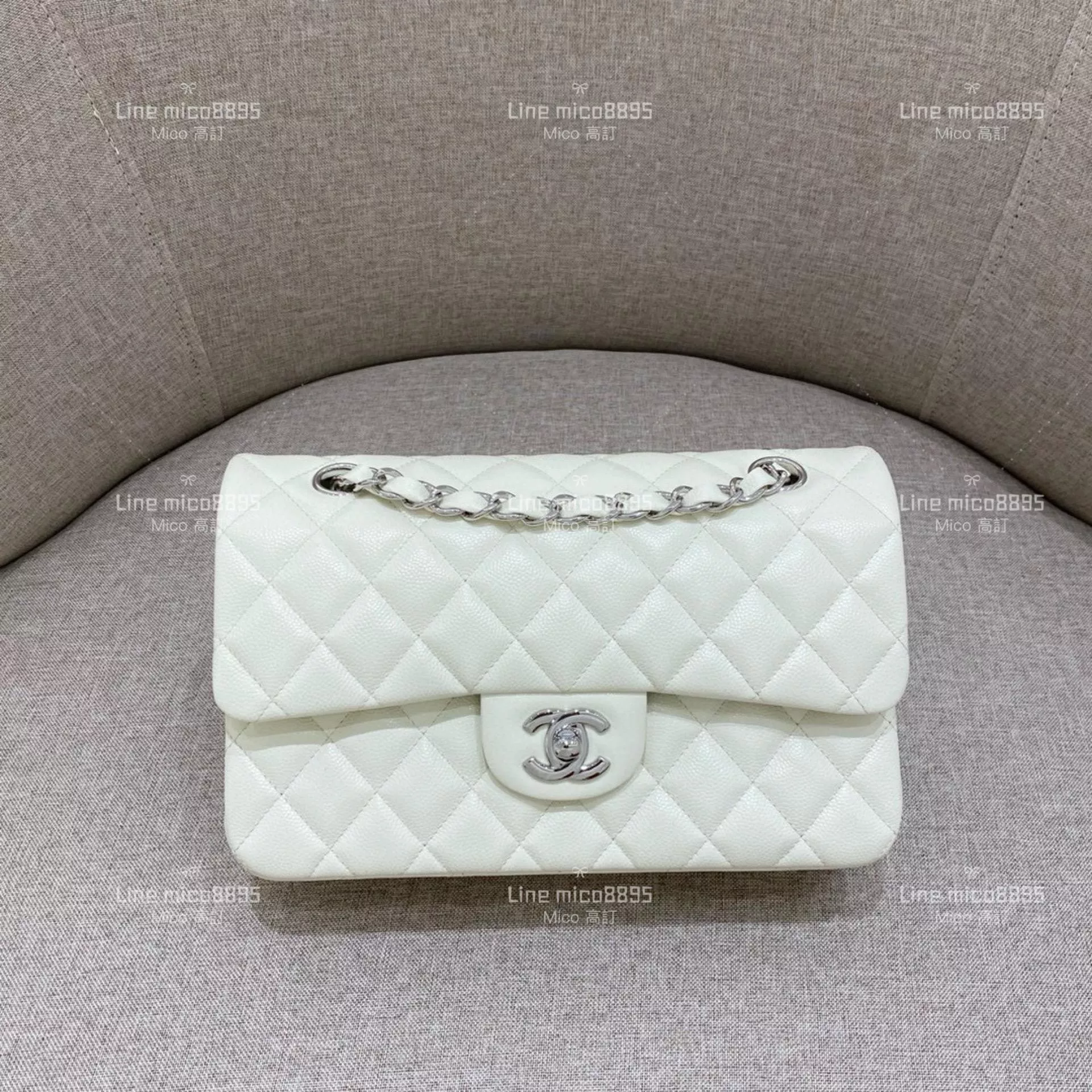 CHANEL Classic Flip Small CF 細球紋象牙白銀扣  不車邊/銀釦 23cm