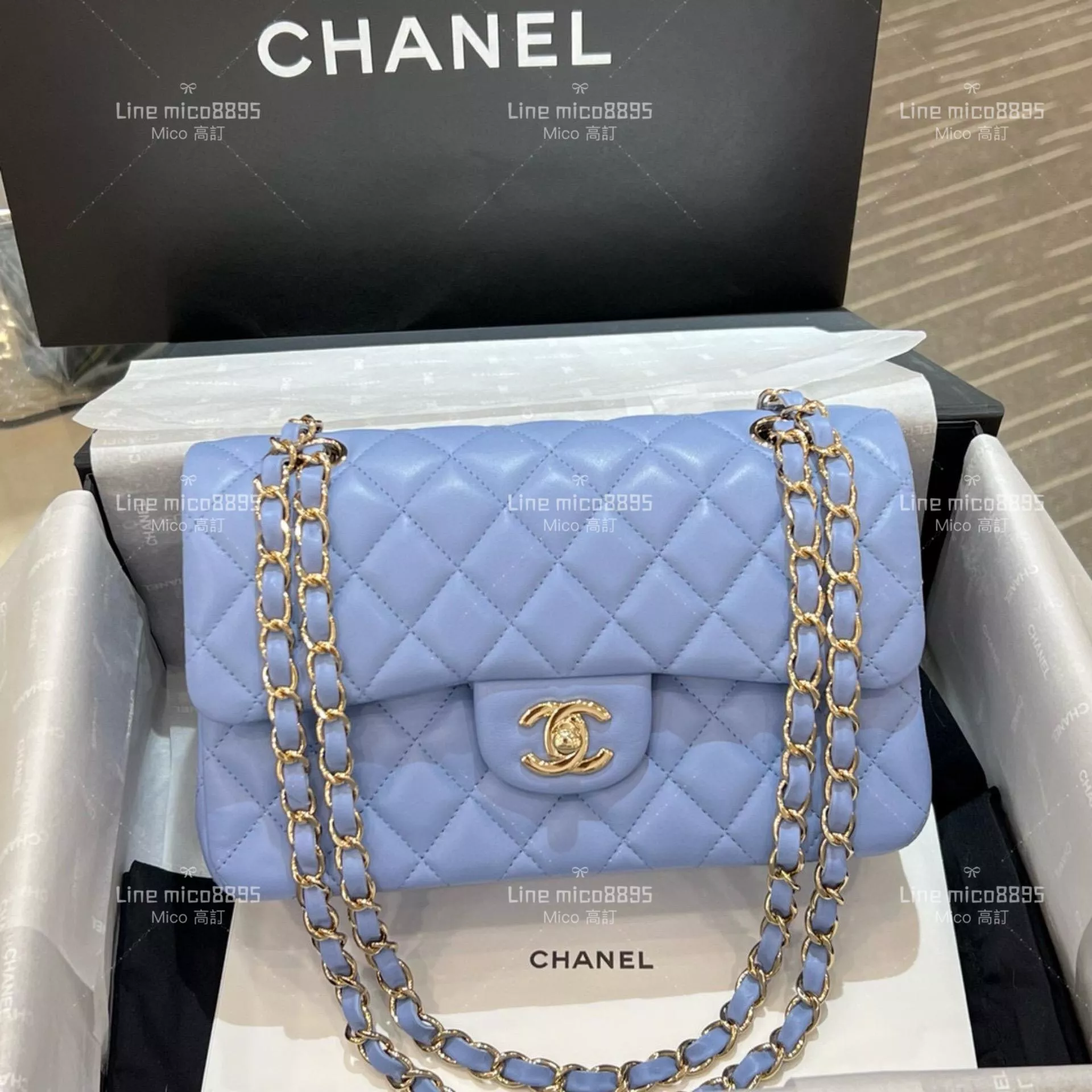 CHANEL Classic Flip Small CF 牛仔藍/羊皮/淺金釦 23cm