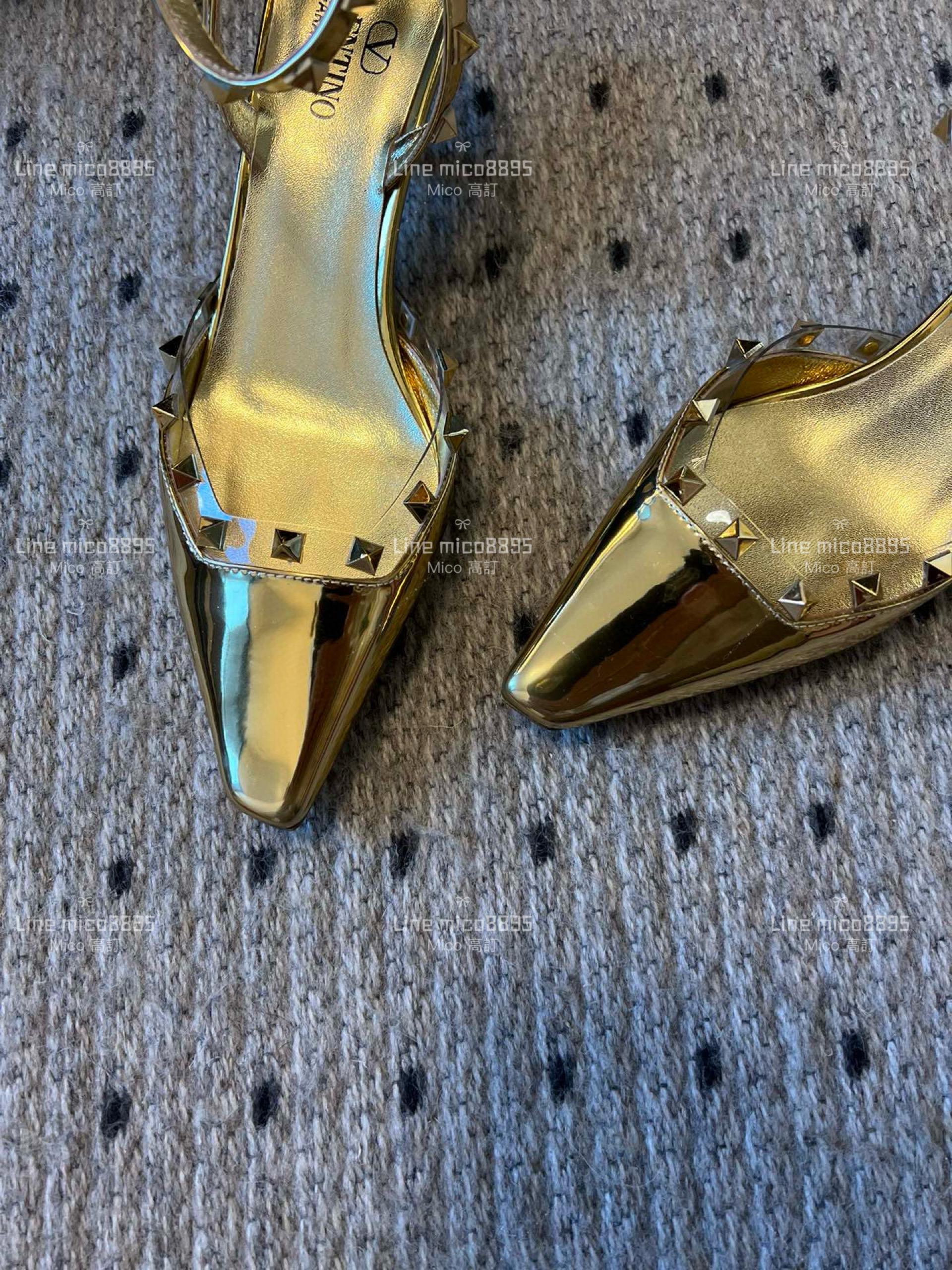 Valentino 金色 低跟卯釘繫帶涼鞋 女鞋 35-40 跟高4cm