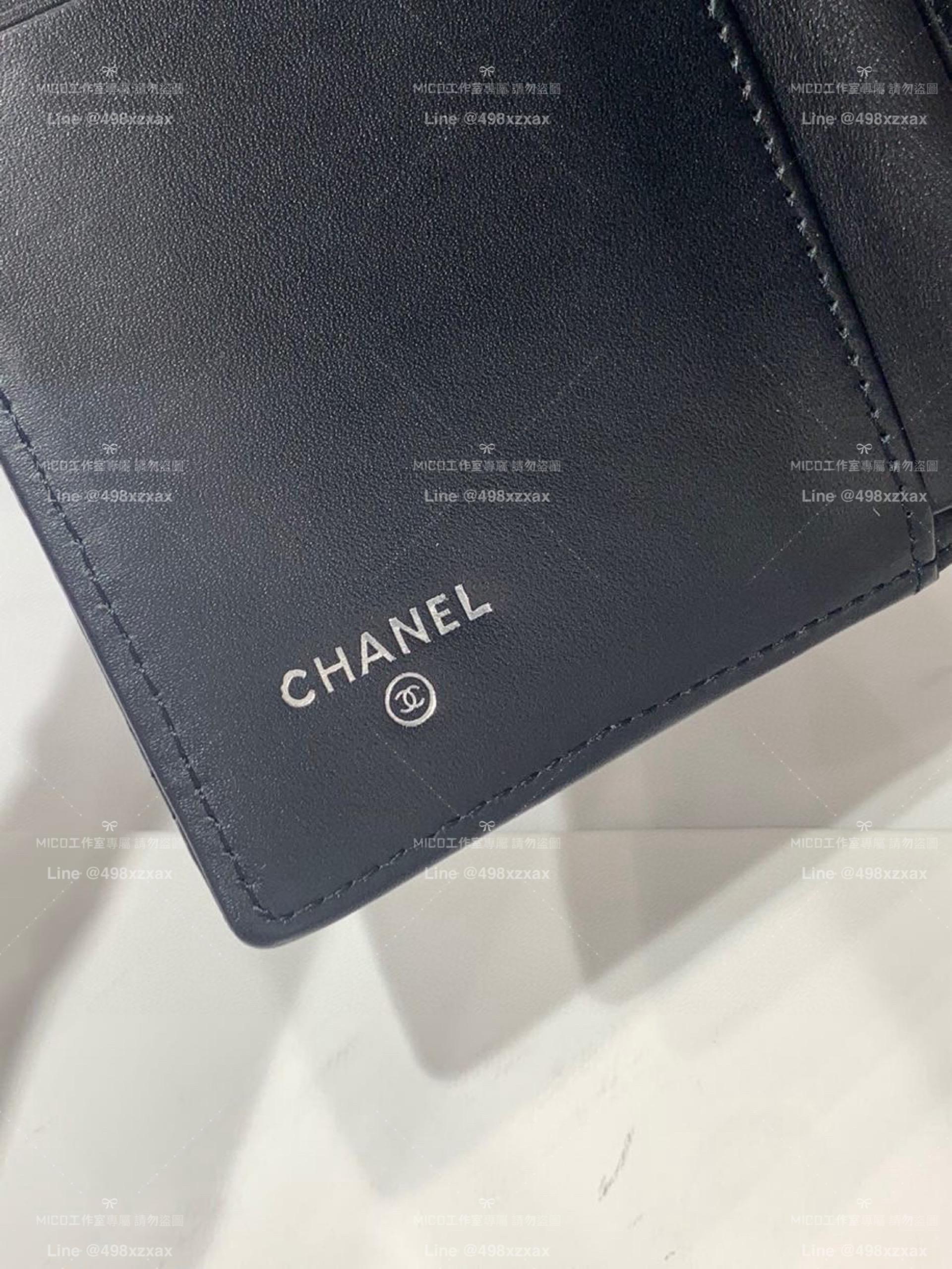 Chanel 經典菱格紋 黑色小羊皮/做舊五金銀釦 三折短夾 錢包