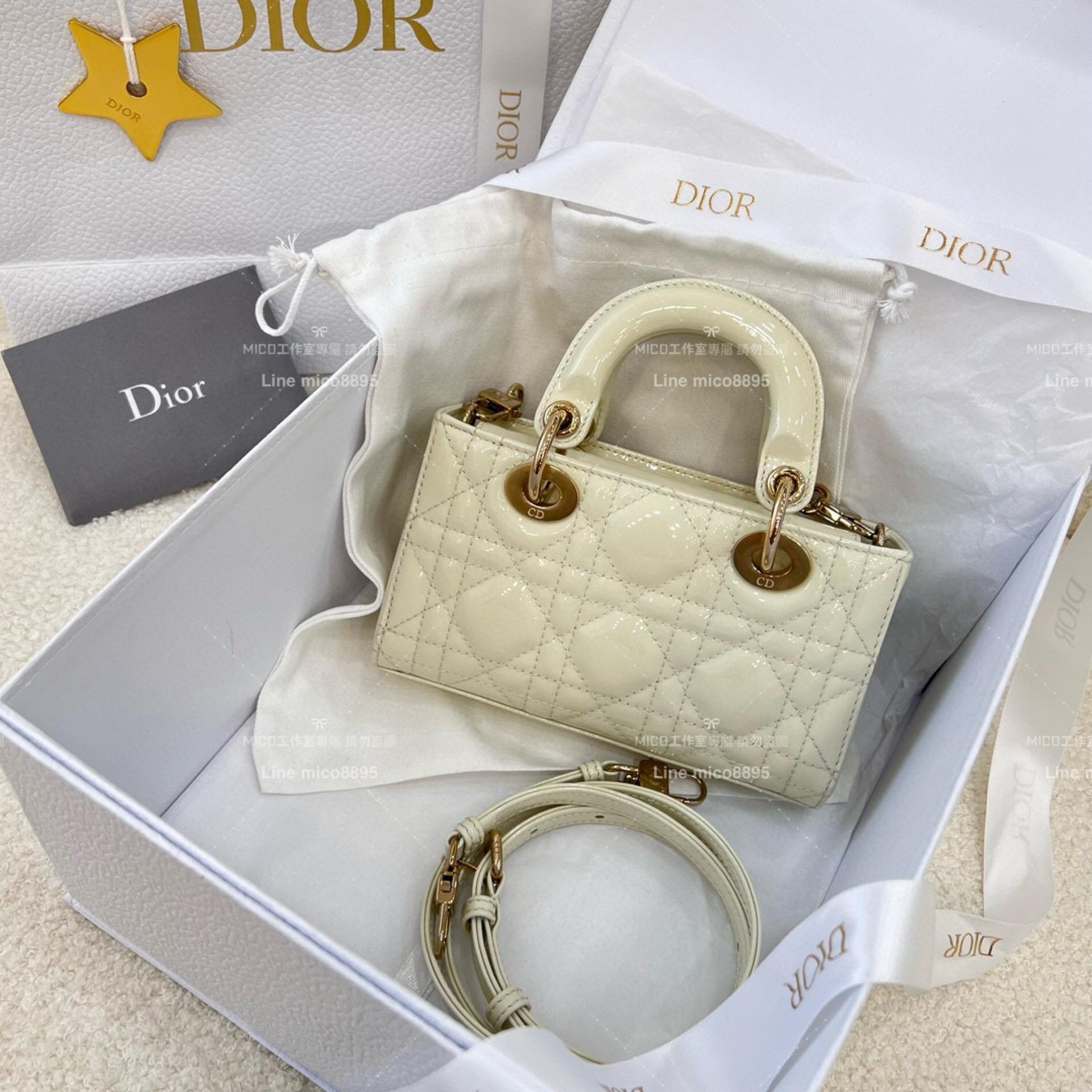 Dior 奶白色漆皮 全鋼五金橫版黛妃包 LADY D-Joy dior 16cm