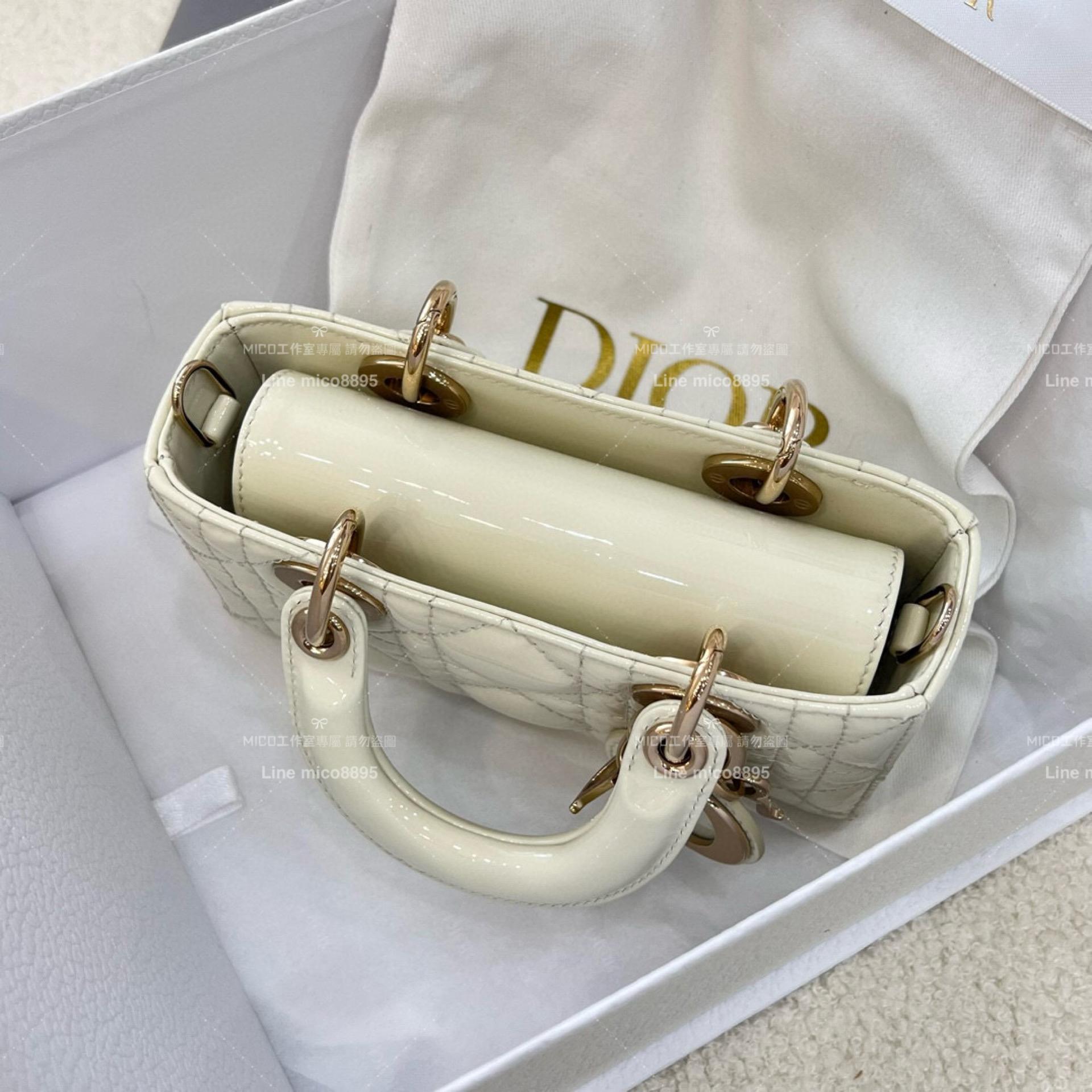 Dior 奶白色漆皮 全鋼五金橫版黛妃包 LADY D-Joy dior 16cm