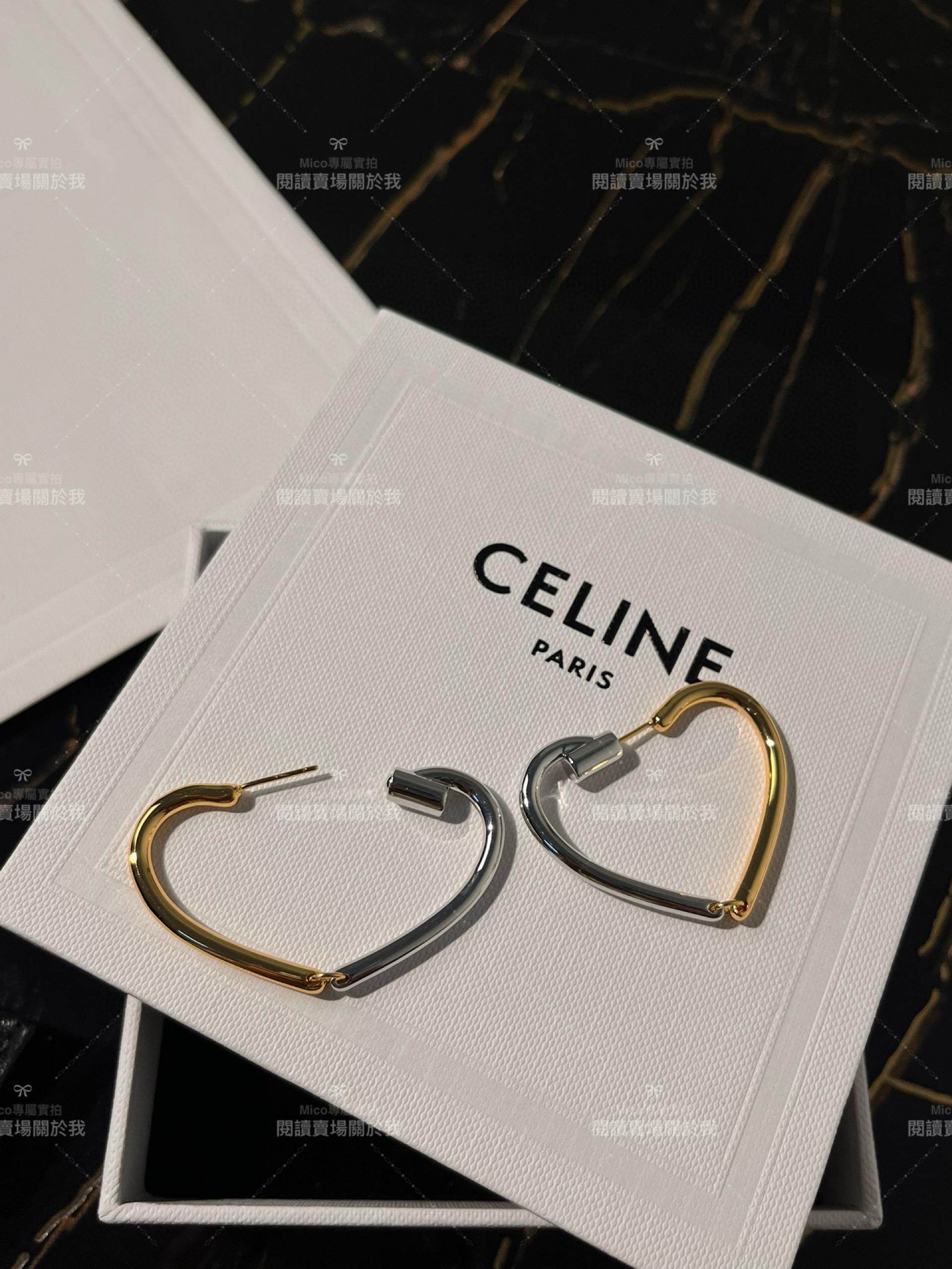 Celine 簡約風 金屬線條金銀拼色愛心大圈耳環