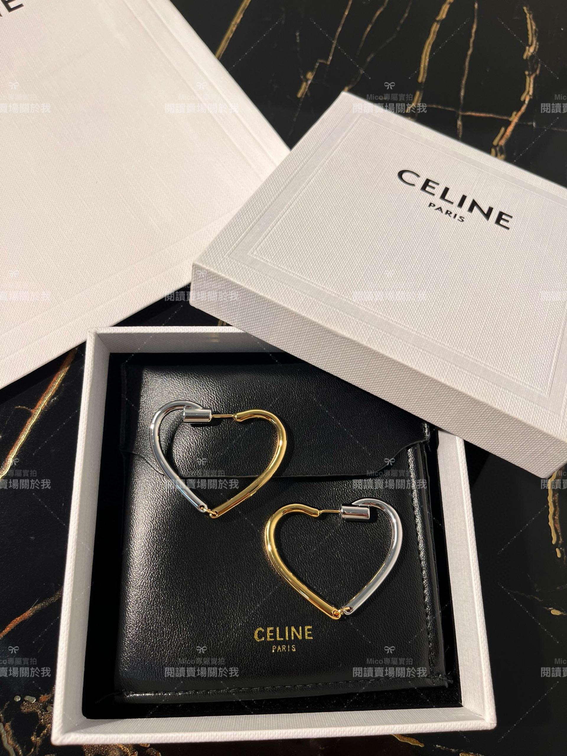 Celine 簡約風 金屬線條金銀拼色愛心大圈耳環