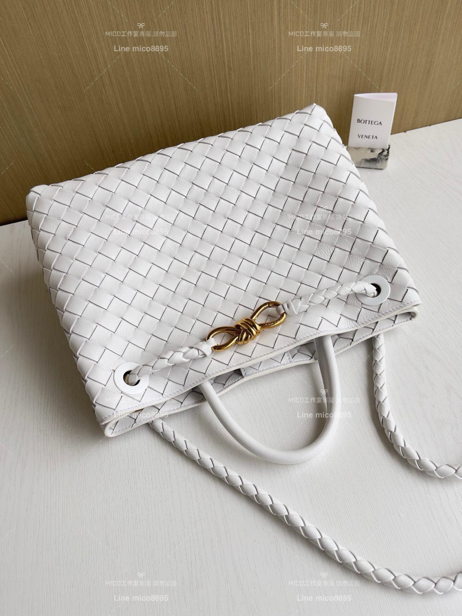 BOTTEGA VENETA BV 白色編織小羊皮中號Andiamo手提包/肩背包 老錢風穿搭 32.5cm