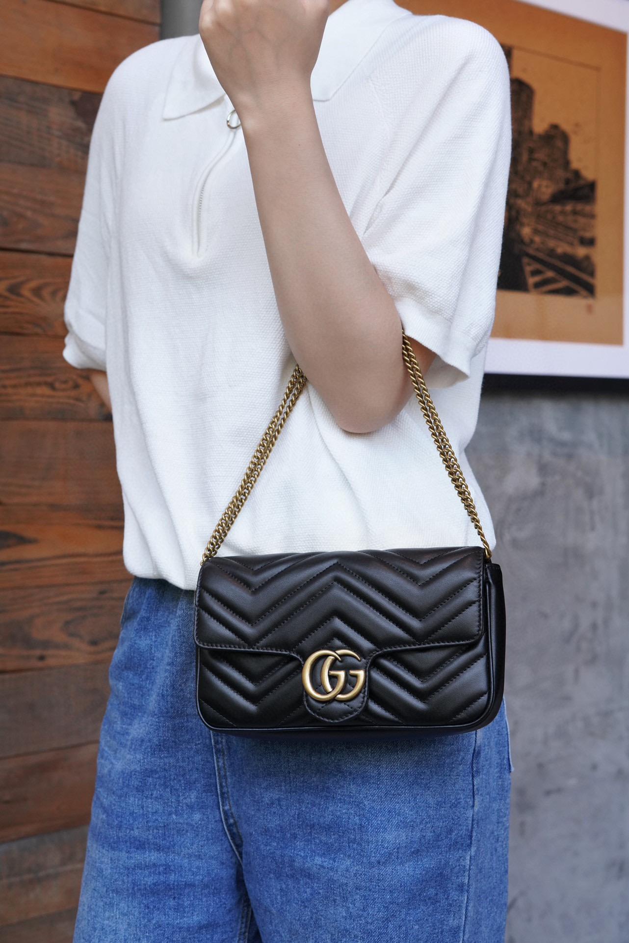 GUCCI 古馳 Marmont系列迷你手袋 WOC（配卡包）黑色 21cm