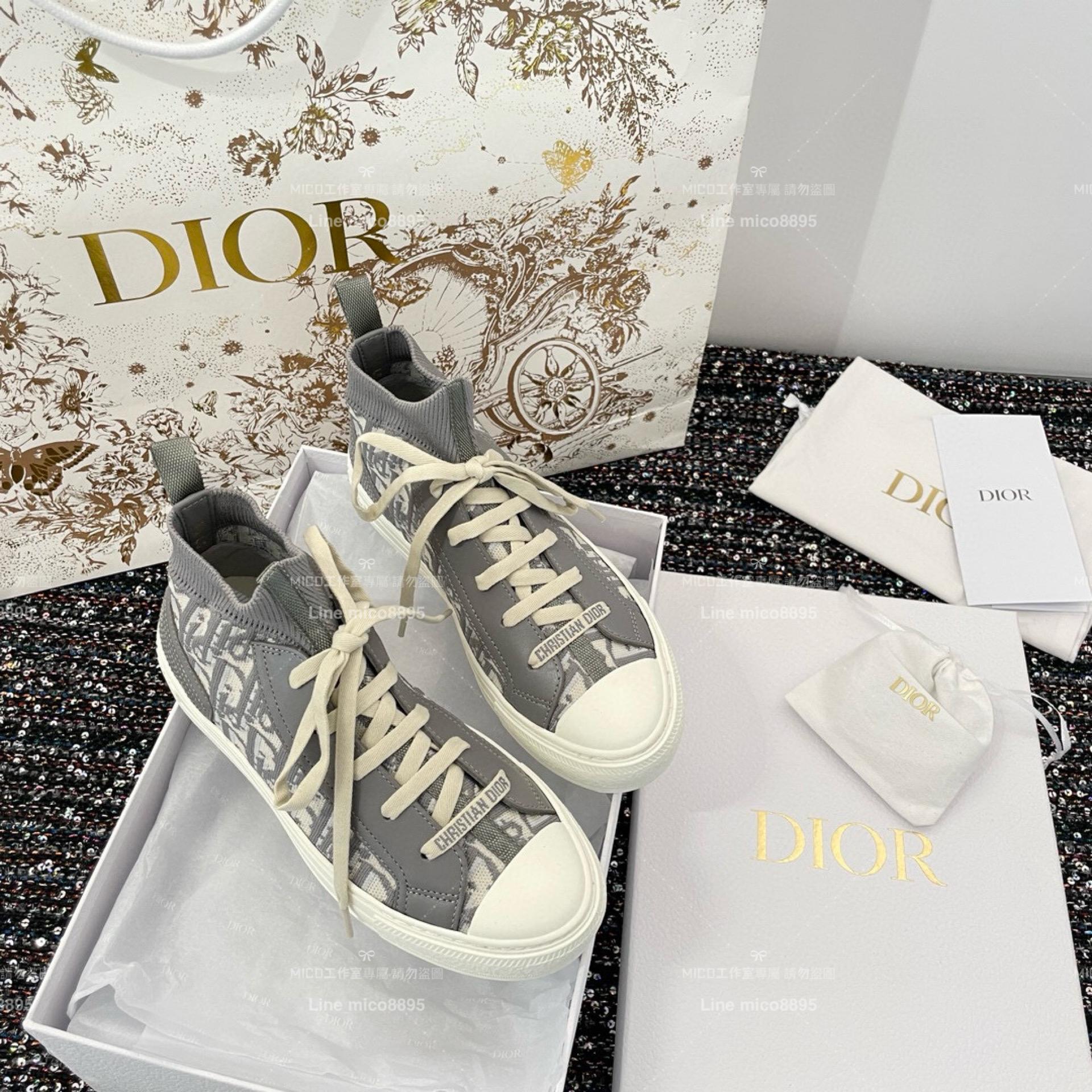 Dior 迪奧｜灰色針織面料 （非厚底款式）老花高幫帆布鞋/運動襪子鞋 科技面料材質 女碼35-40