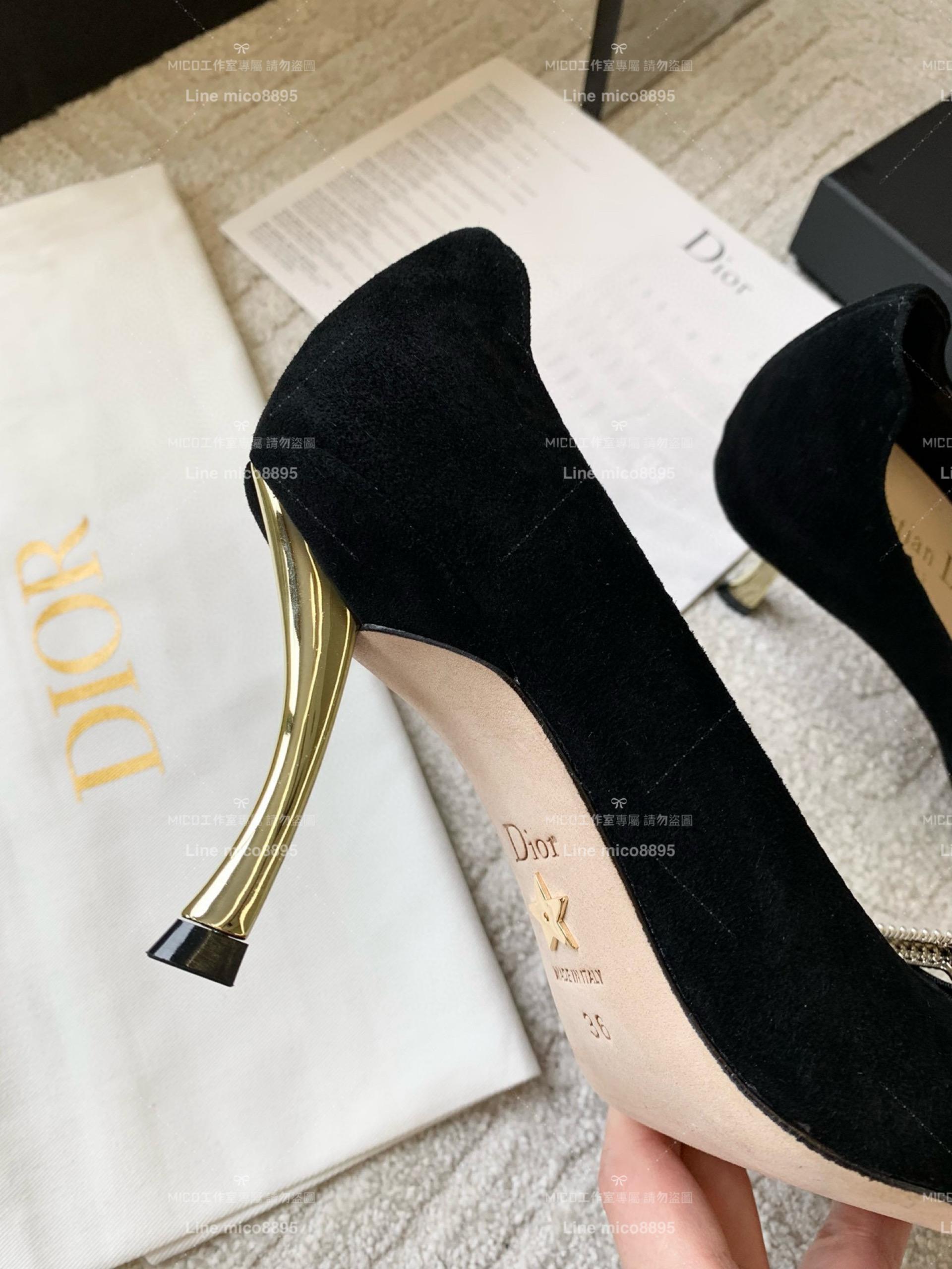 DIOR｜麂皮黑色 珍珠方釦 蝴蝶結小金跟高跟鞋 9cm 35-39