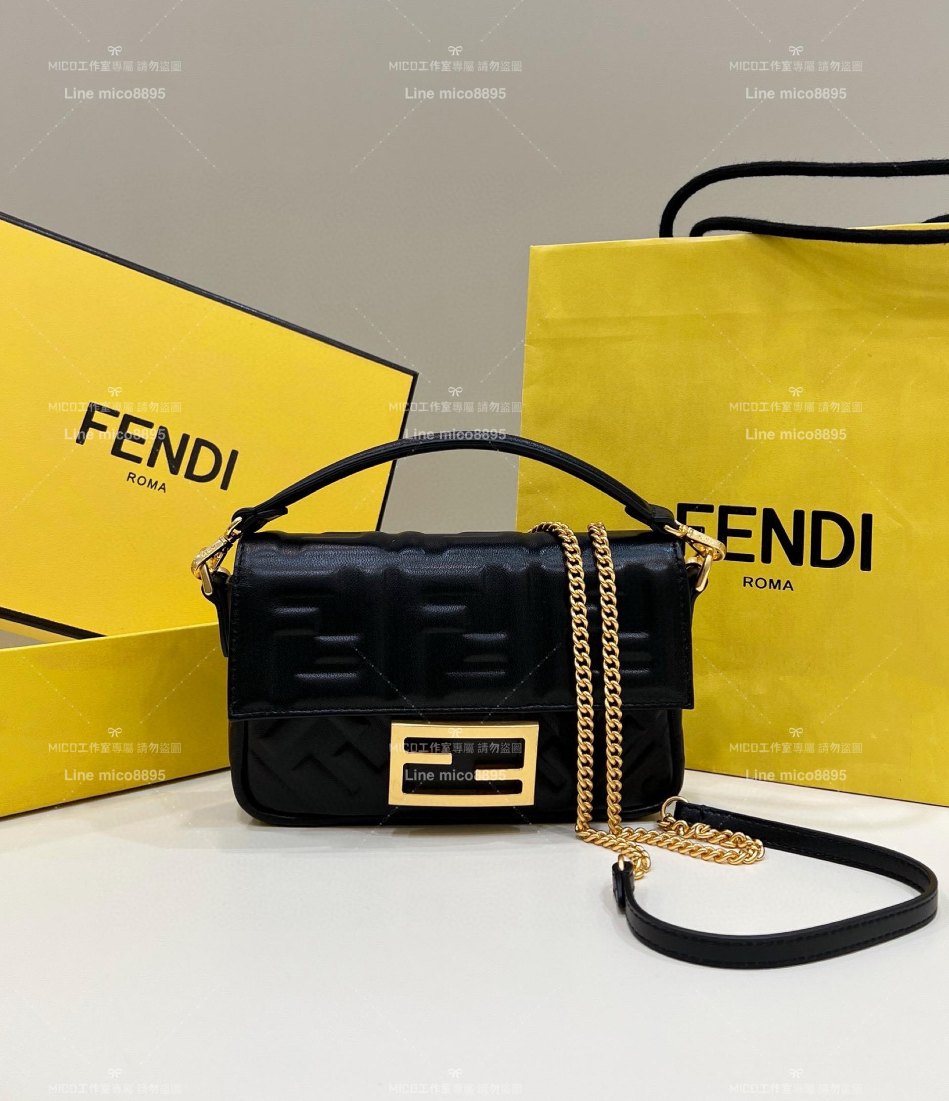 FENDI 黑色羊皮Baguette翻蓋斜挎手提包，迷你法棍包 羊皮壓印全身 F設計 18cm