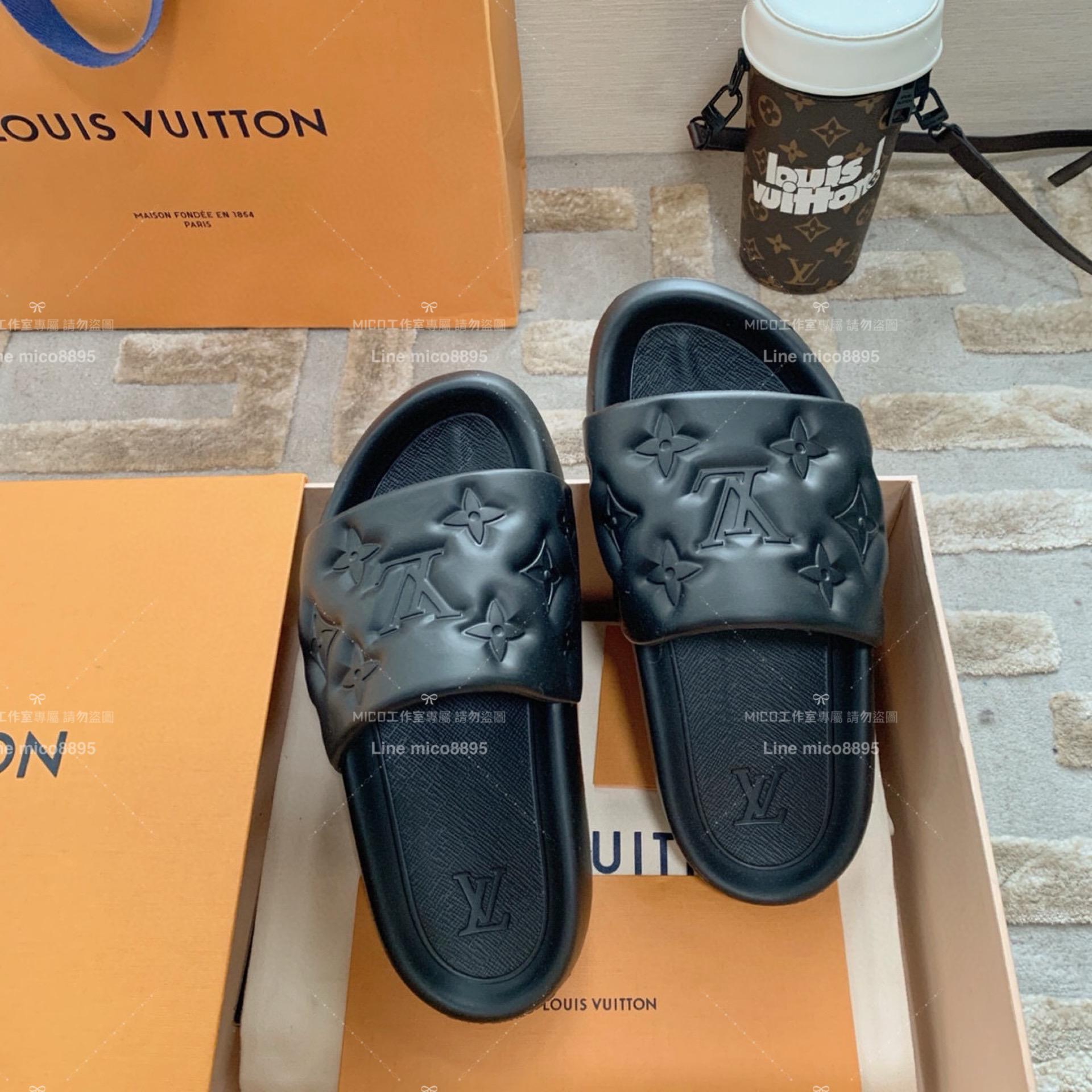 LV  Louis Vuitton ｜情侶款 🧑‍🤝‍🧑 Waterfront系列 黑色老花壓紋款 沙灘拖鞋 36-45