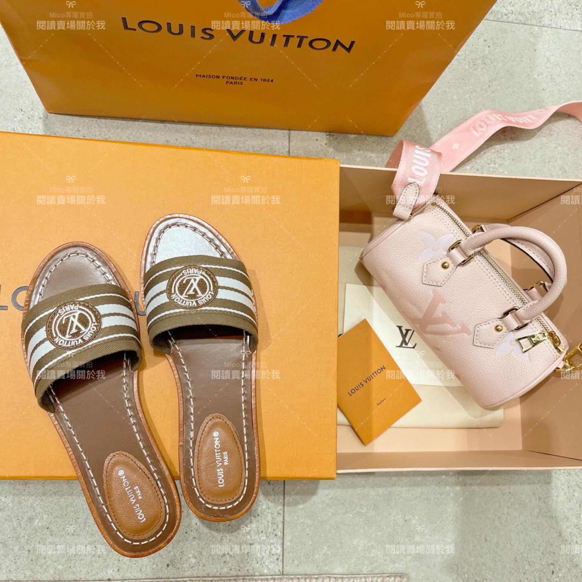 LV  Louis Vuitton ｜LOCK IT 棕色條紋渡假風格平底拖鞋 35-40