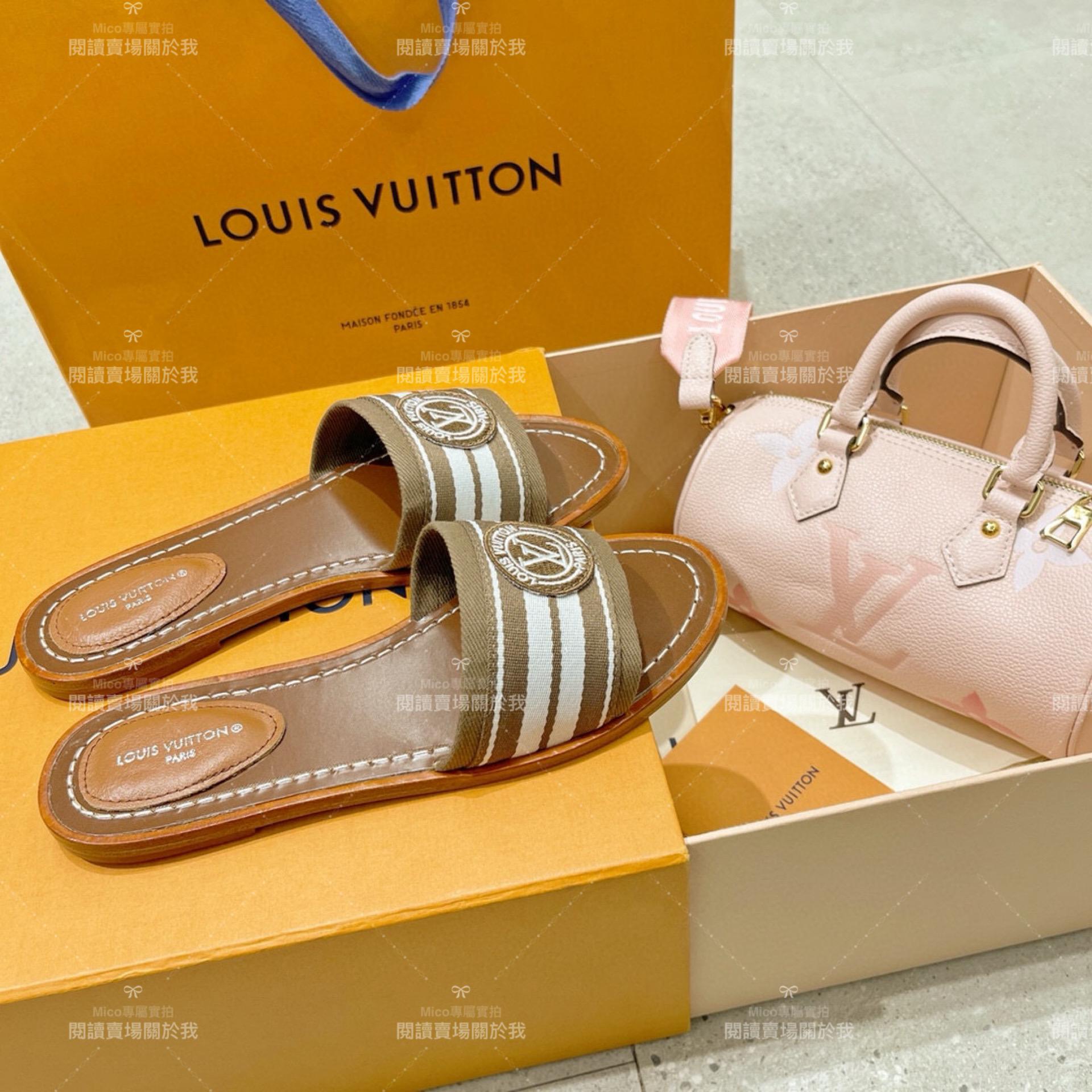 LV  Louis Vuitton ｜LOCK IT 棕色條紋渡假風格平底拖鞋 35-40