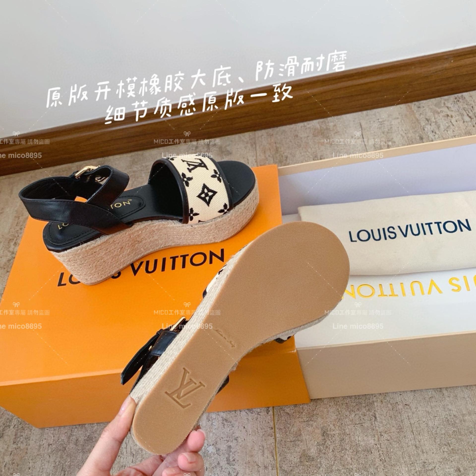 LV Starboard 系列 底厚7cm 黑色拉菲草 楔形鞋/厚底坡跟涼鞋 35-40