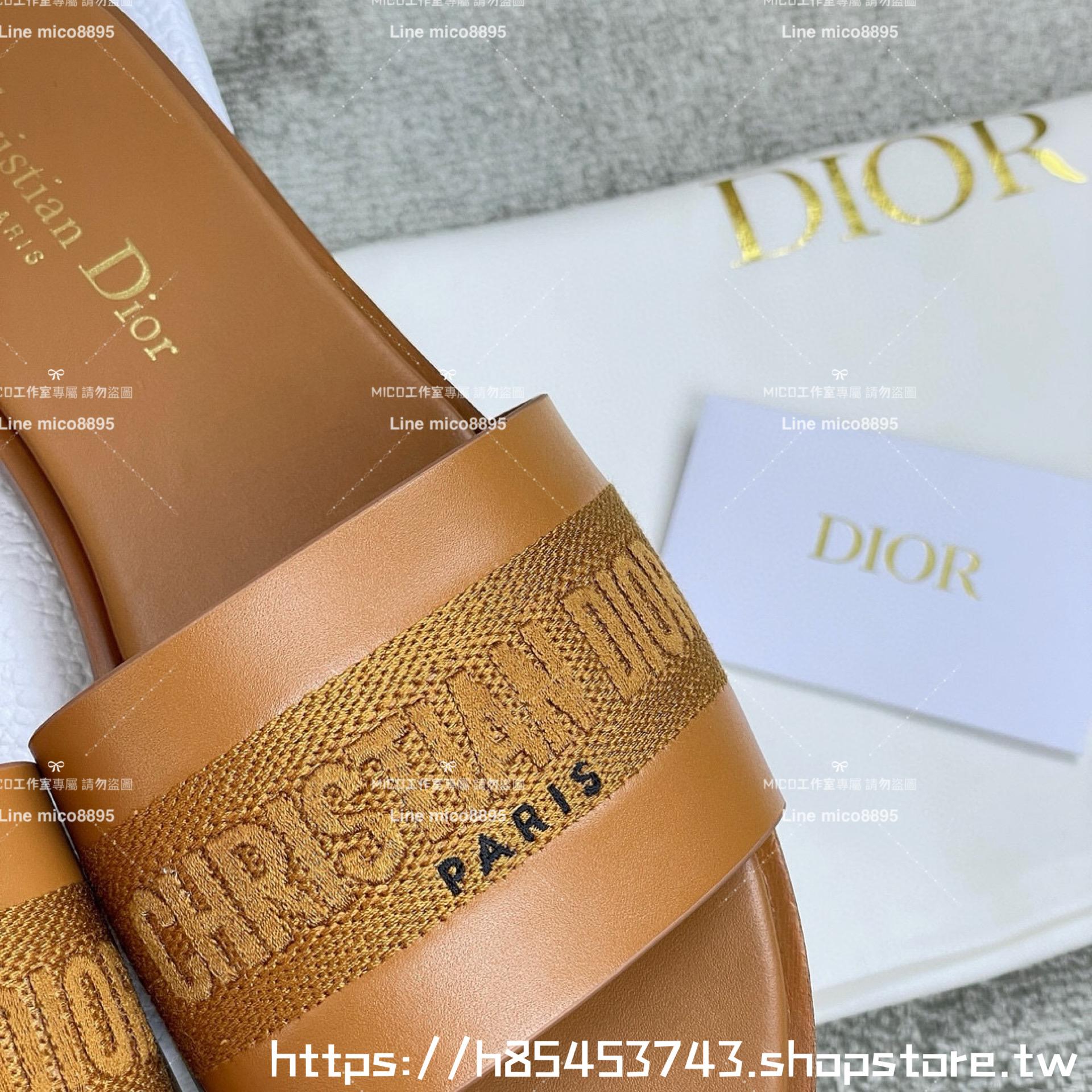 Dior 迪奧 焦糖色 全皮拼接刺繡平底字母拖鞋 女鞋 鞋碼：35-39 （40 41 42定制不退換）