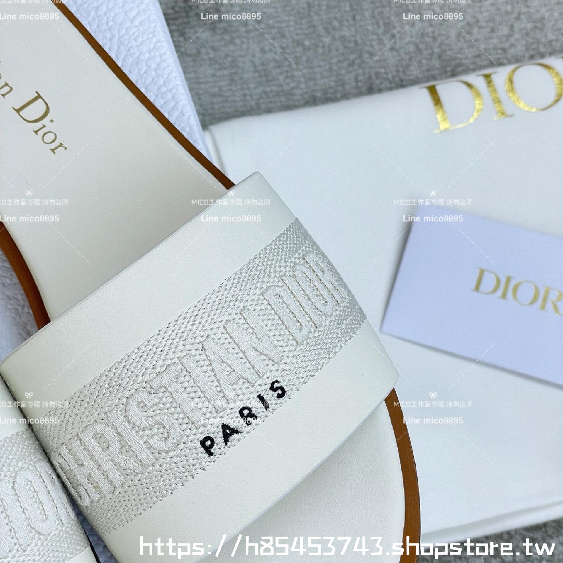 Dior 迪奧 白色全皮拼接刺繡平底字母拖鞋 女鞋 鞋碼：35-39 （40 41 42定制不退換）