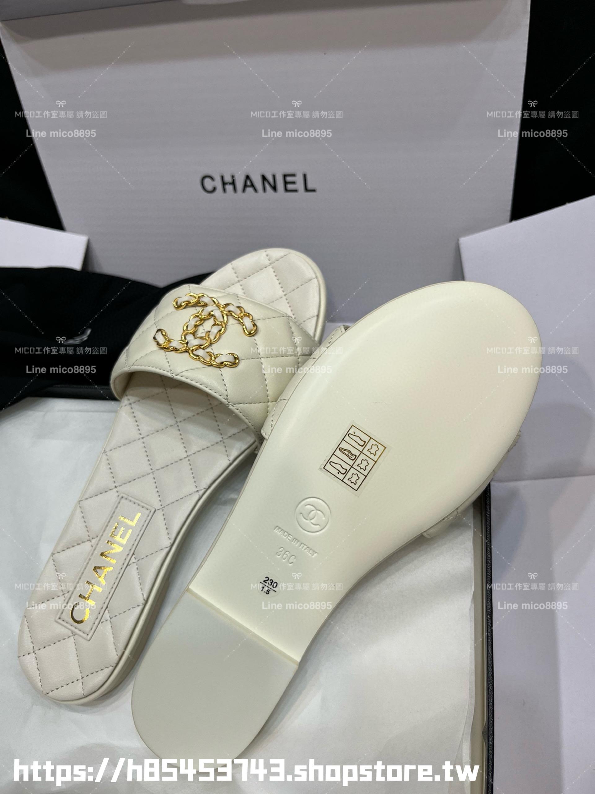 CHANEL 香奈兒 23c 白色 鏈條金屬釦雙C拖鞋 真皮 小羊皮 35-40