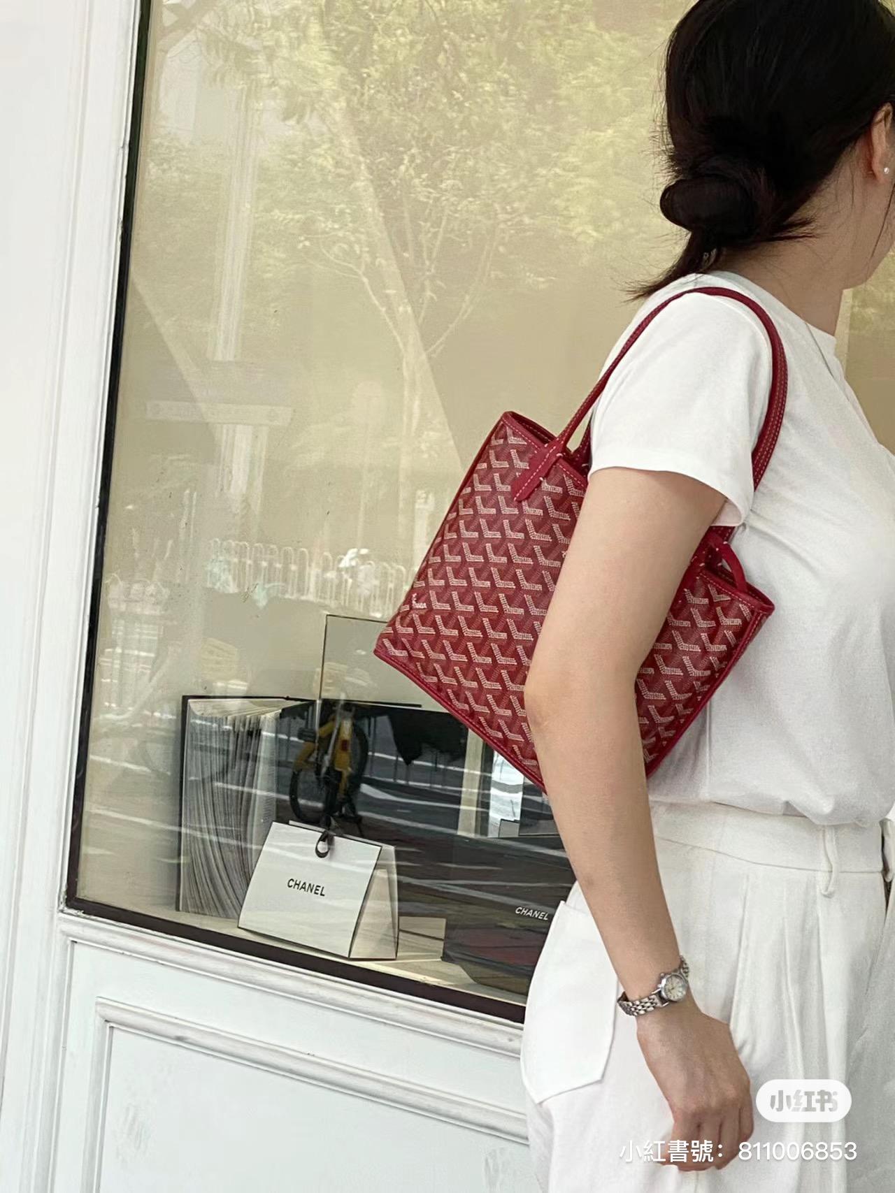 GOYARD 蕃茄紅 雙面可用 tote Anjou mini bag 帆布及皮革雙面可用迷你手提包 20cm