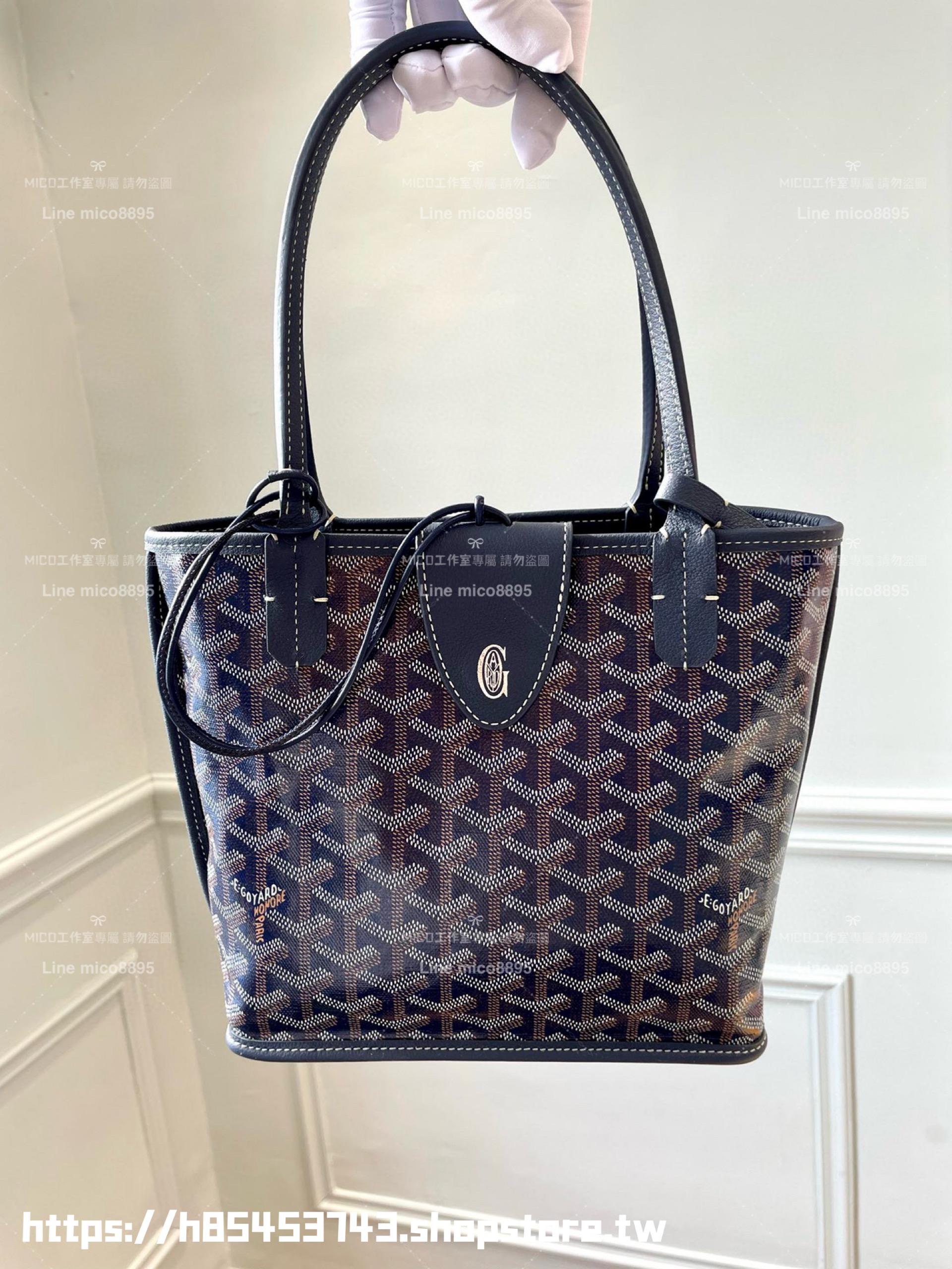 GOYARD 深藍色雙面tote mini Anjou (附包釦) 帆布及皮革雙面可用迷你手提包 20cm