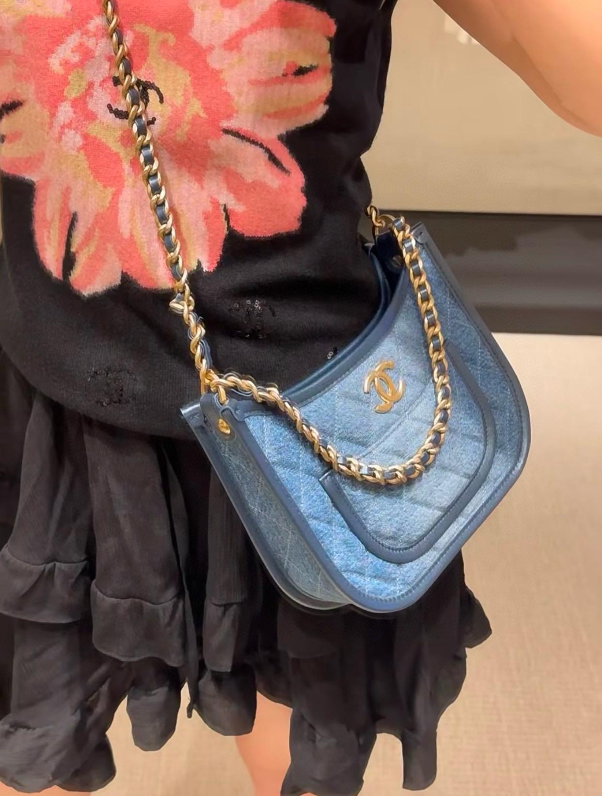 CHANEL 香奈兒 24s 丹寧牛仔 復古嬉皮包 HOBO包 小號24cm