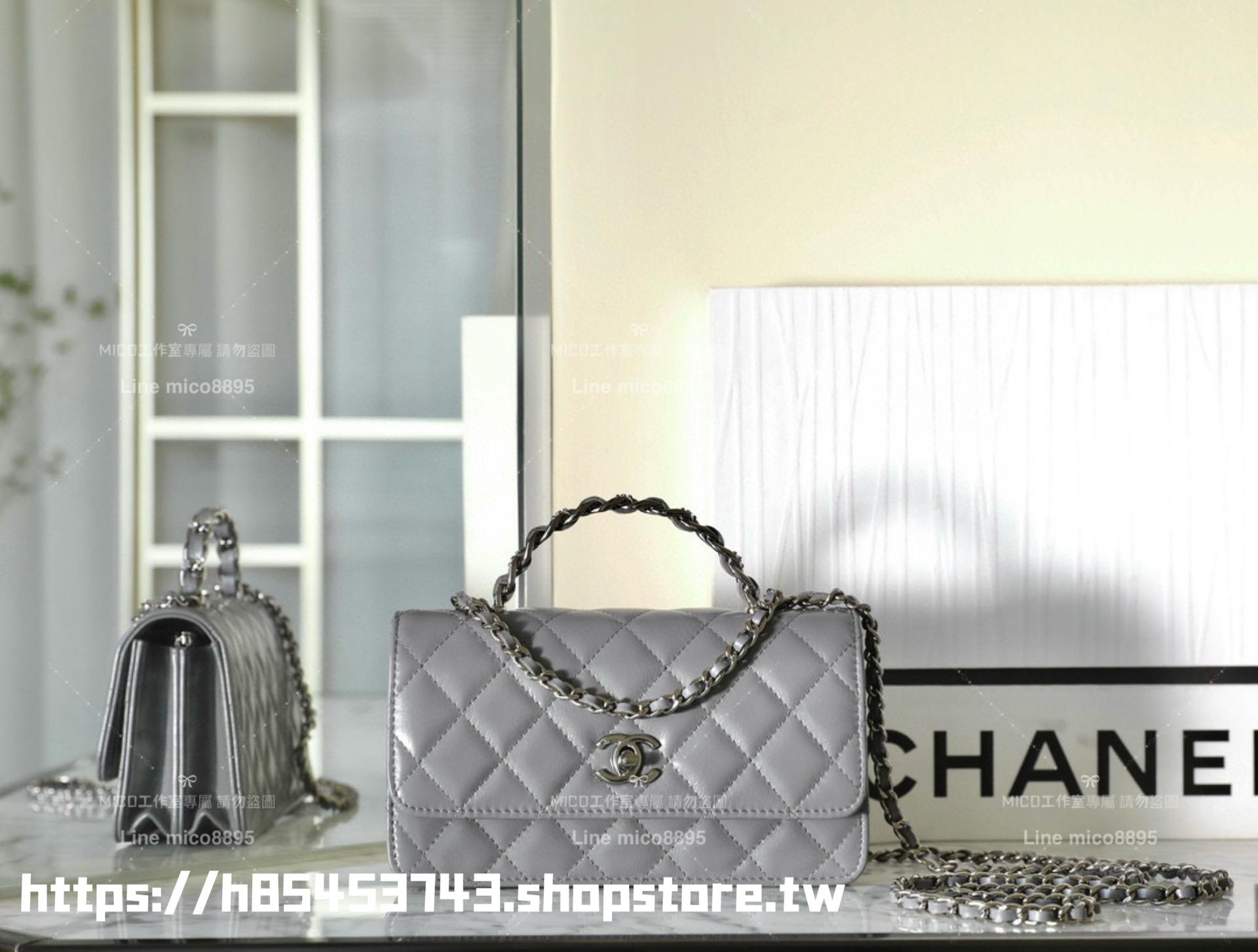 CHANEL 香奈兒 23k 水鑽手柄 深灰色牛皮風琴包 WOC 斜跨包 18.5cm