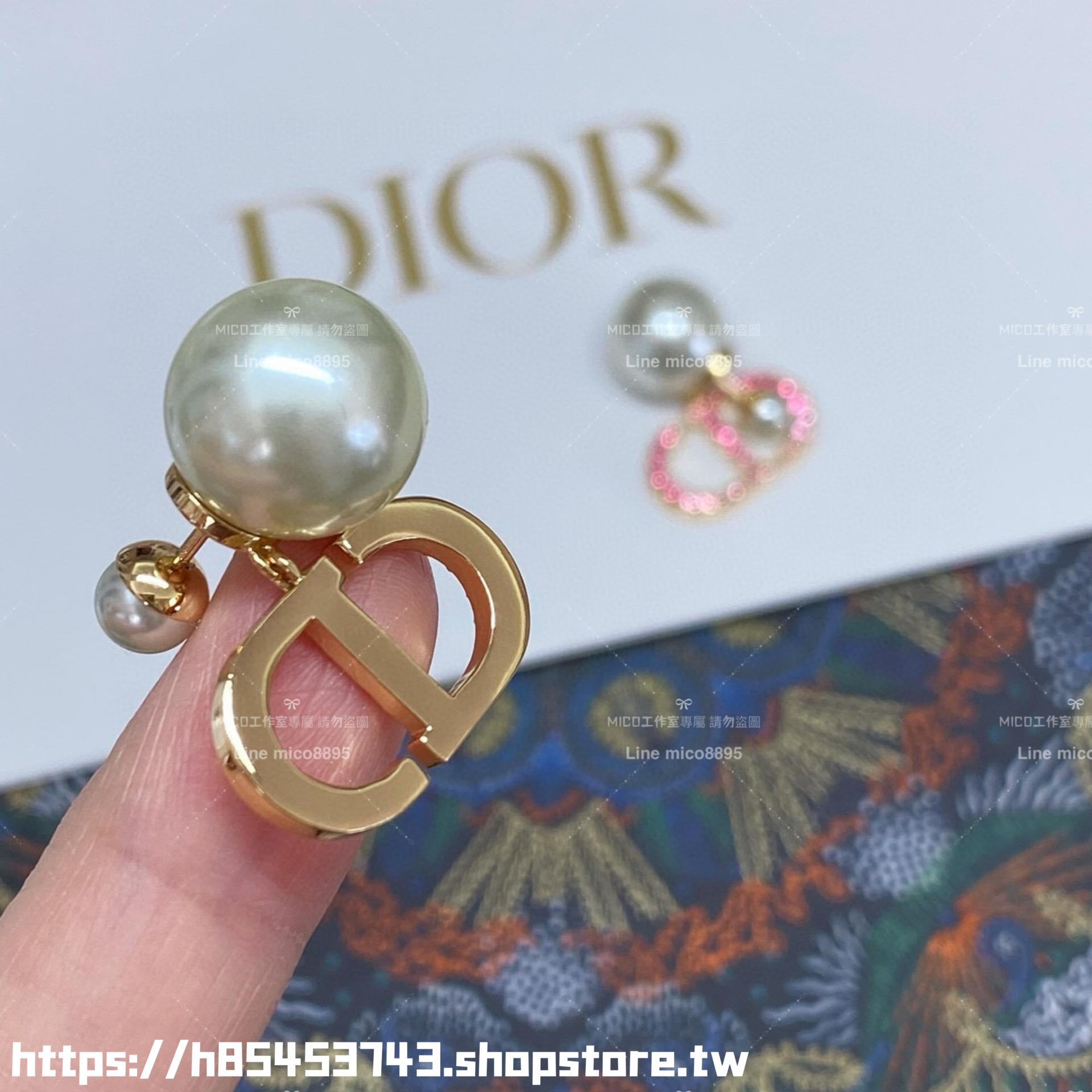 DIOR 粉色漸層施華洛世奇水鑽CD珍珠耳環/耳釘