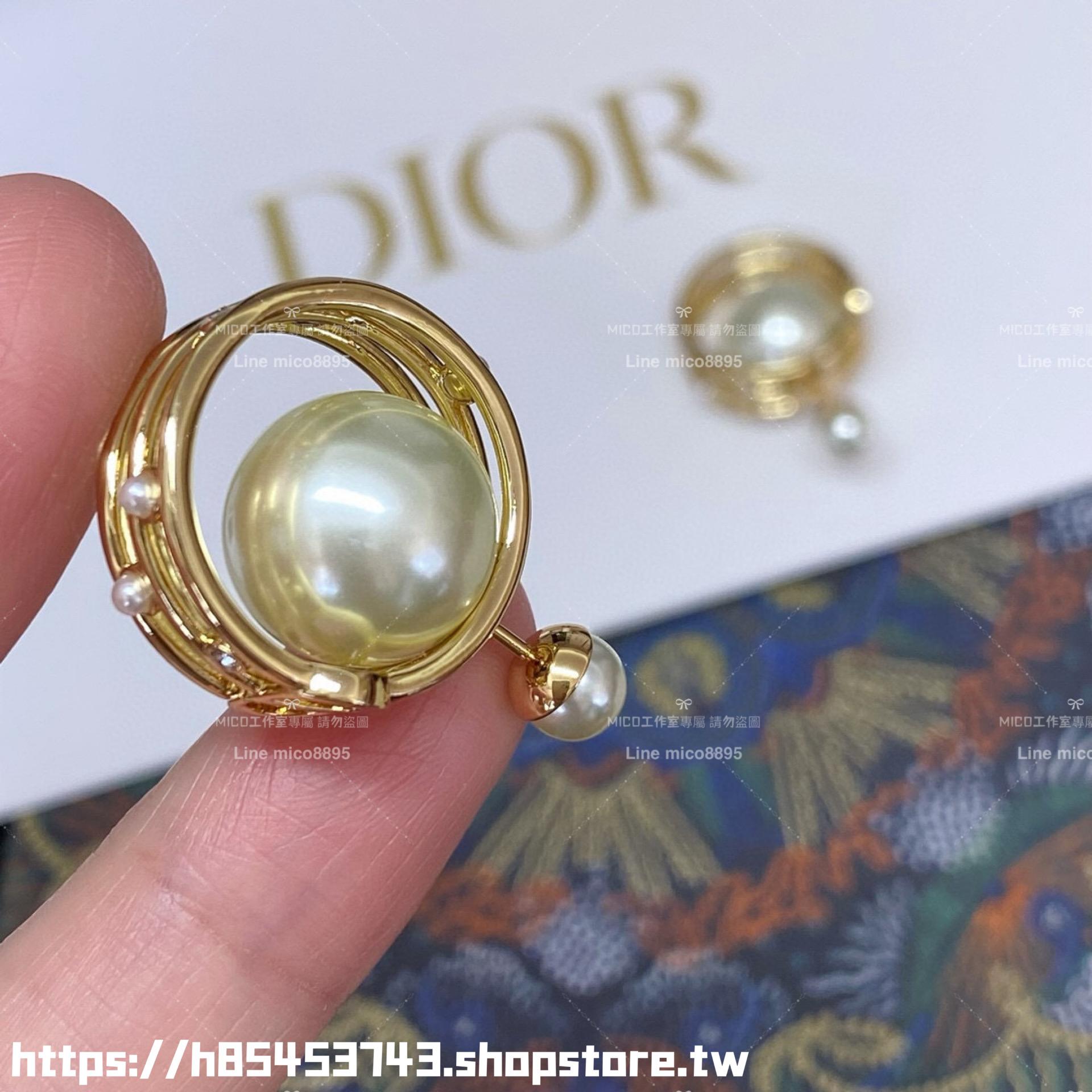 DIOR 金色鏤空線條設計前後珍珠耳環/耳釘