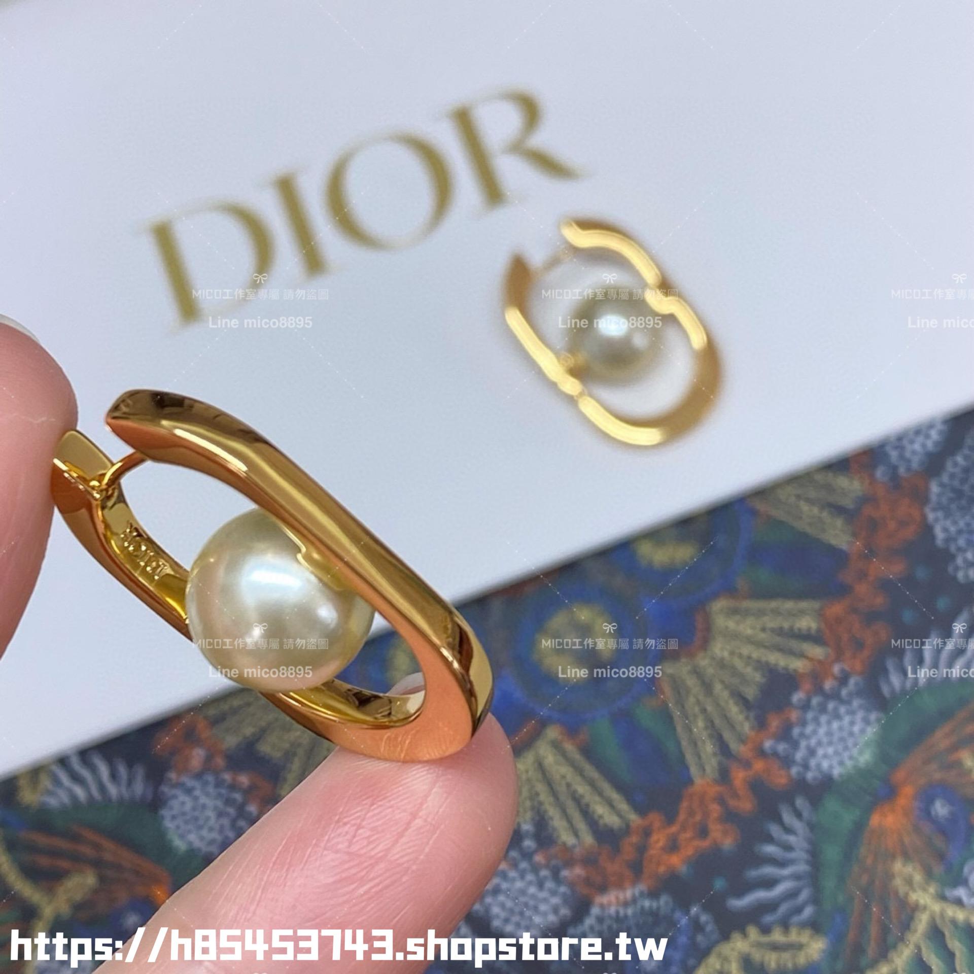 DIOR 簡約低調款 幾何U形珍珠耳環