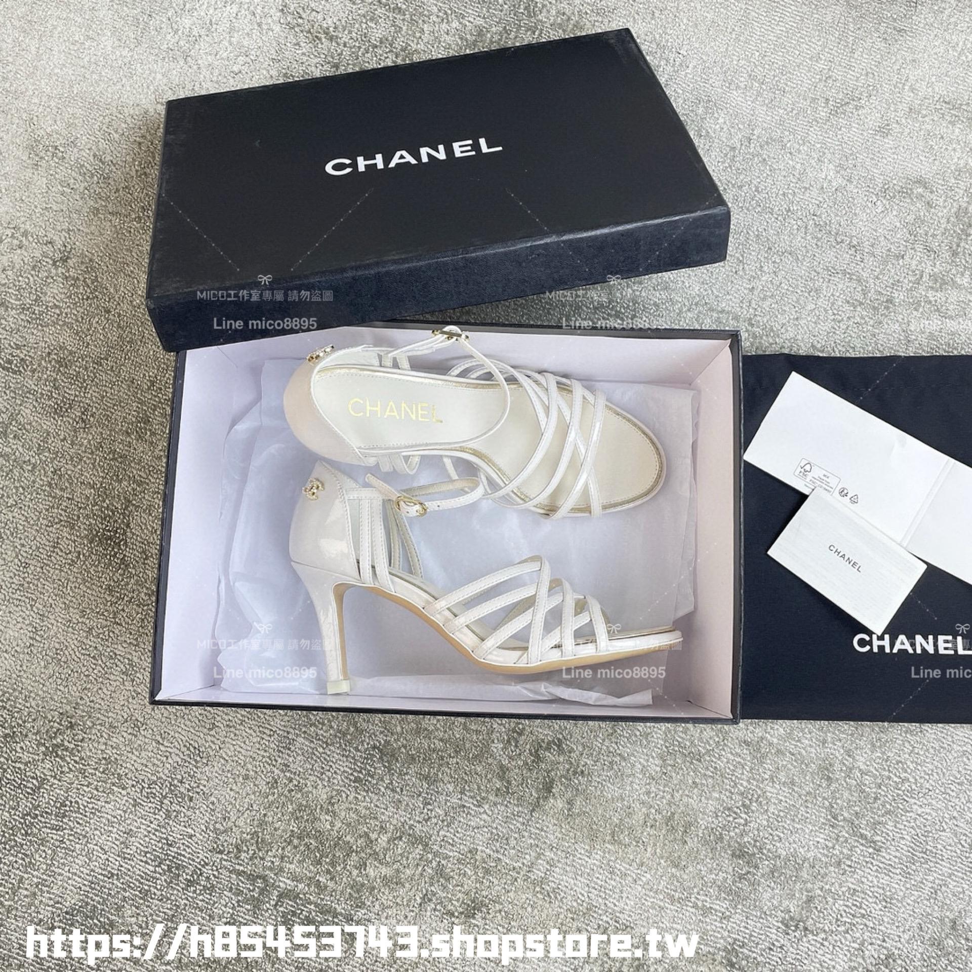 CHANEL 24s 漆皮白色 交叉細帶露趾高跟涼鞋/女鞋 35-40