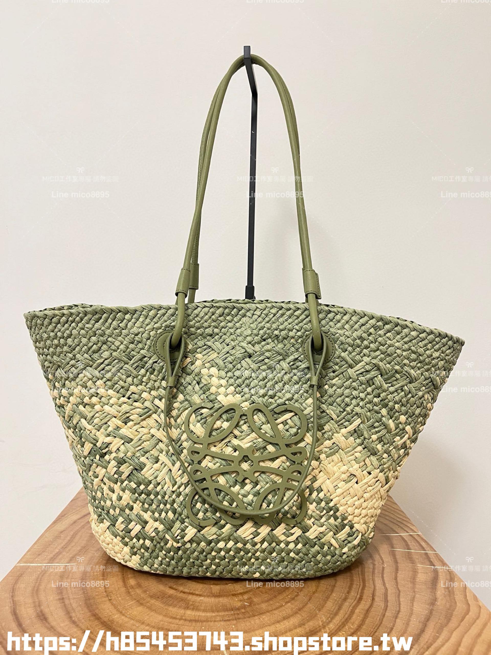 Loewe 草編包大號 橄欖綠 大號伊拉卡棕櫚纖維和牛皮革 Anagram basket bag in iraca palm and calfskin手袋 尺寸：46CM～24CM～15CM