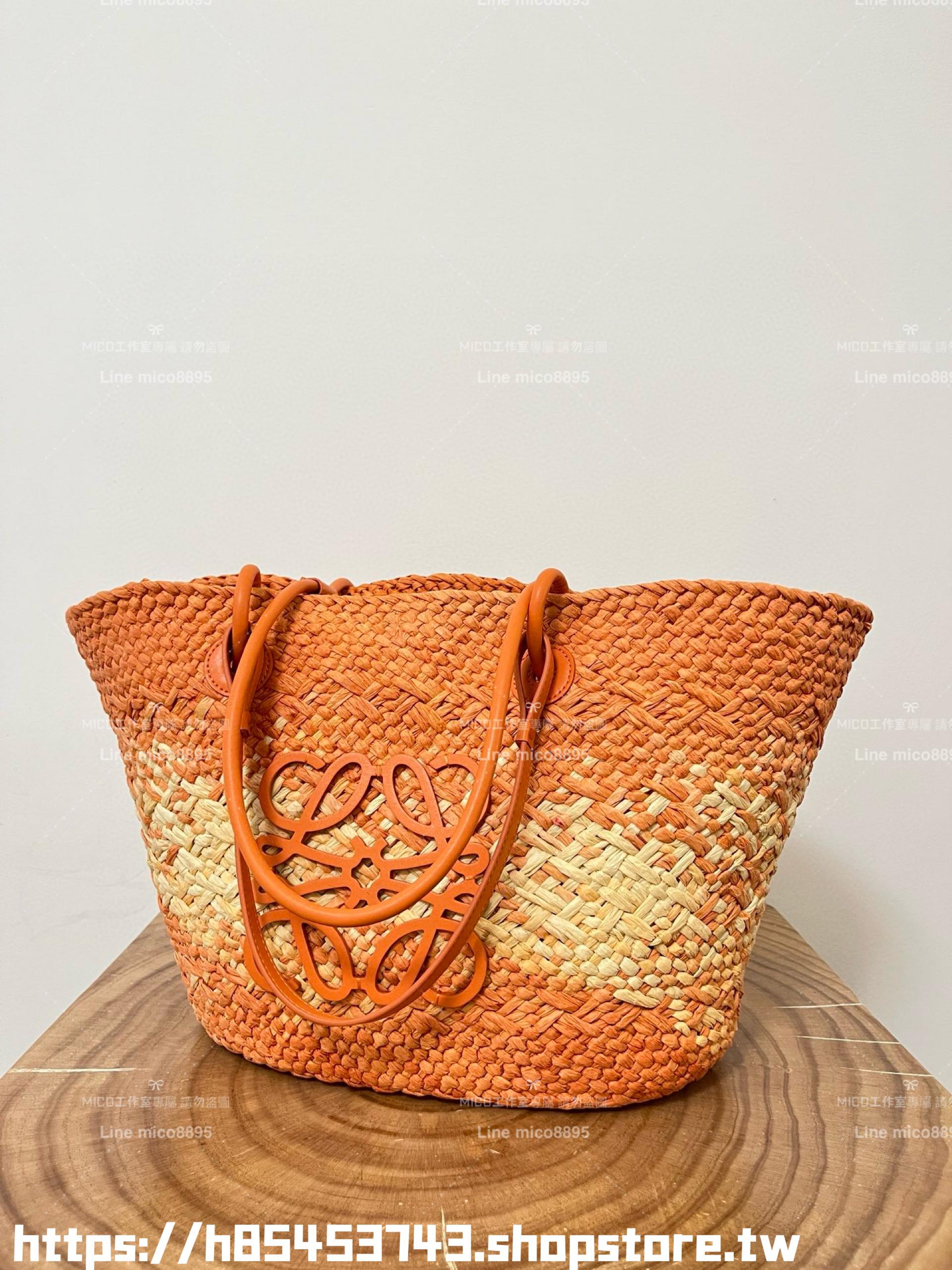 Loewe 草編包大號 太陽橙 大號伊拉卡棕櫚纖維和牛皮革 Anagram basket bag in iraca palm and calfskin手袋 尺寸：46CM～24CM～15CM