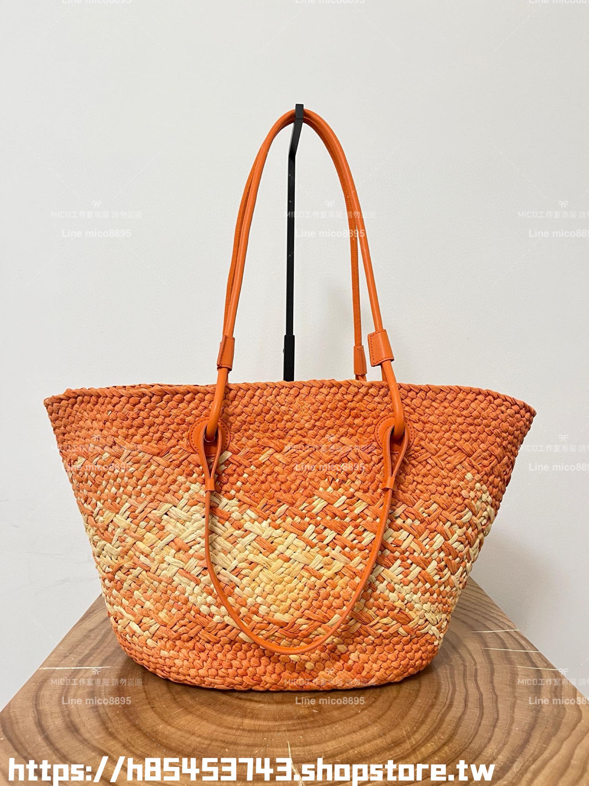 Loewe 草編包大號 太陽橙 大號伊拉卡棕櫚纖維和牛皮革 Anagram basket bag in iraca palm and calfskin手袋 尺寸：46CM～24CM～15CM