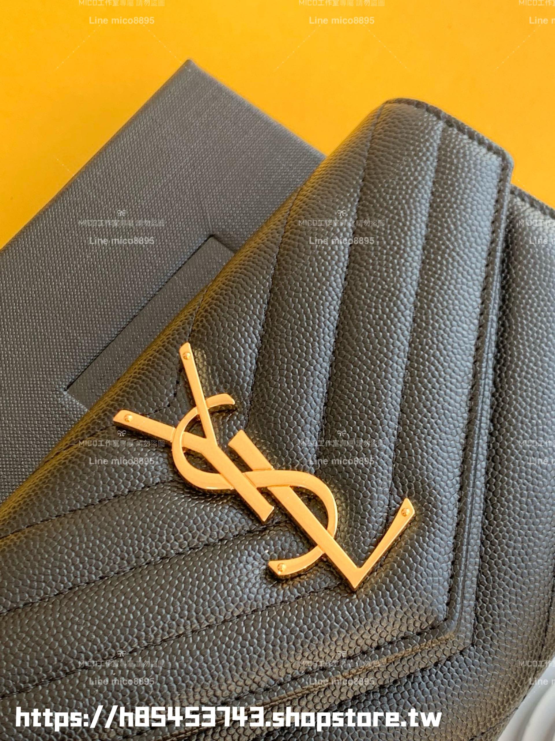 YSL 黑色/金釦 SAINT LAURENT Monogram 皮革 信封式 扣式 皮夾 長夾 LARGE CASSANDRE FLAP 錢包