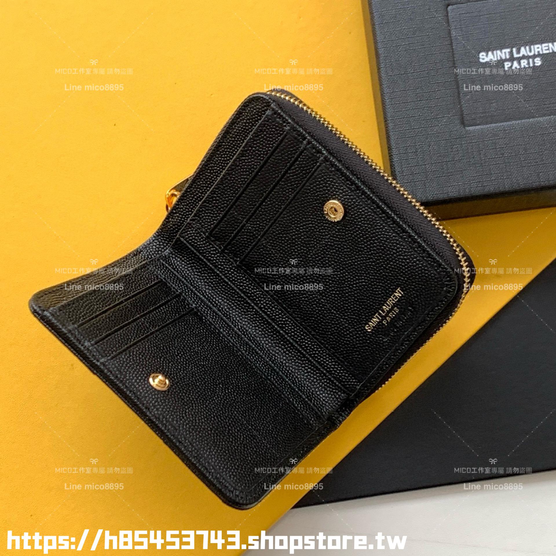 YSL Saint Laurent 經典金字 LOGO粒面壓紋 山形紋對開短夾