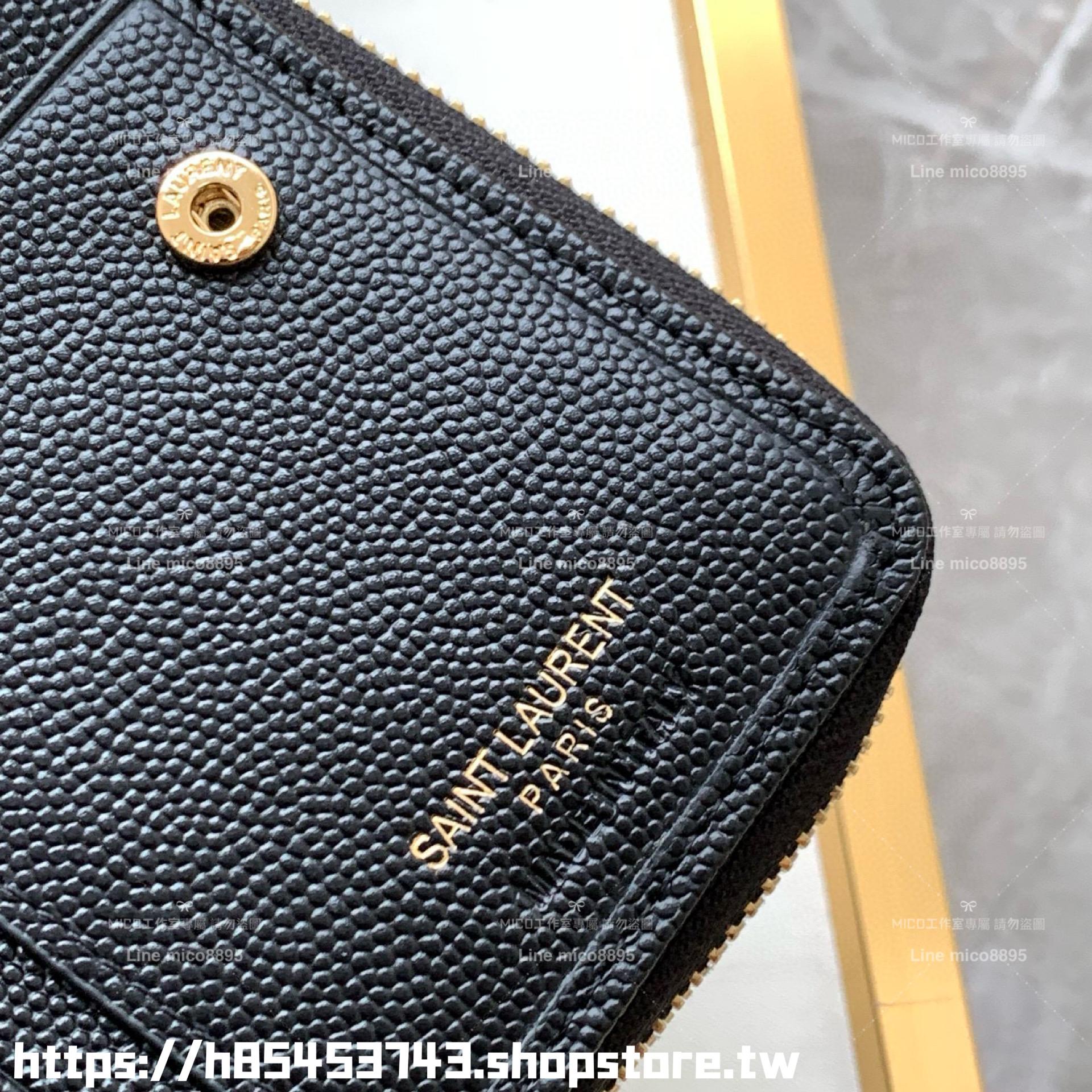 YSL Saint Laurent 經典金字 LOGO粒面壓紋 山形紋對開短夾