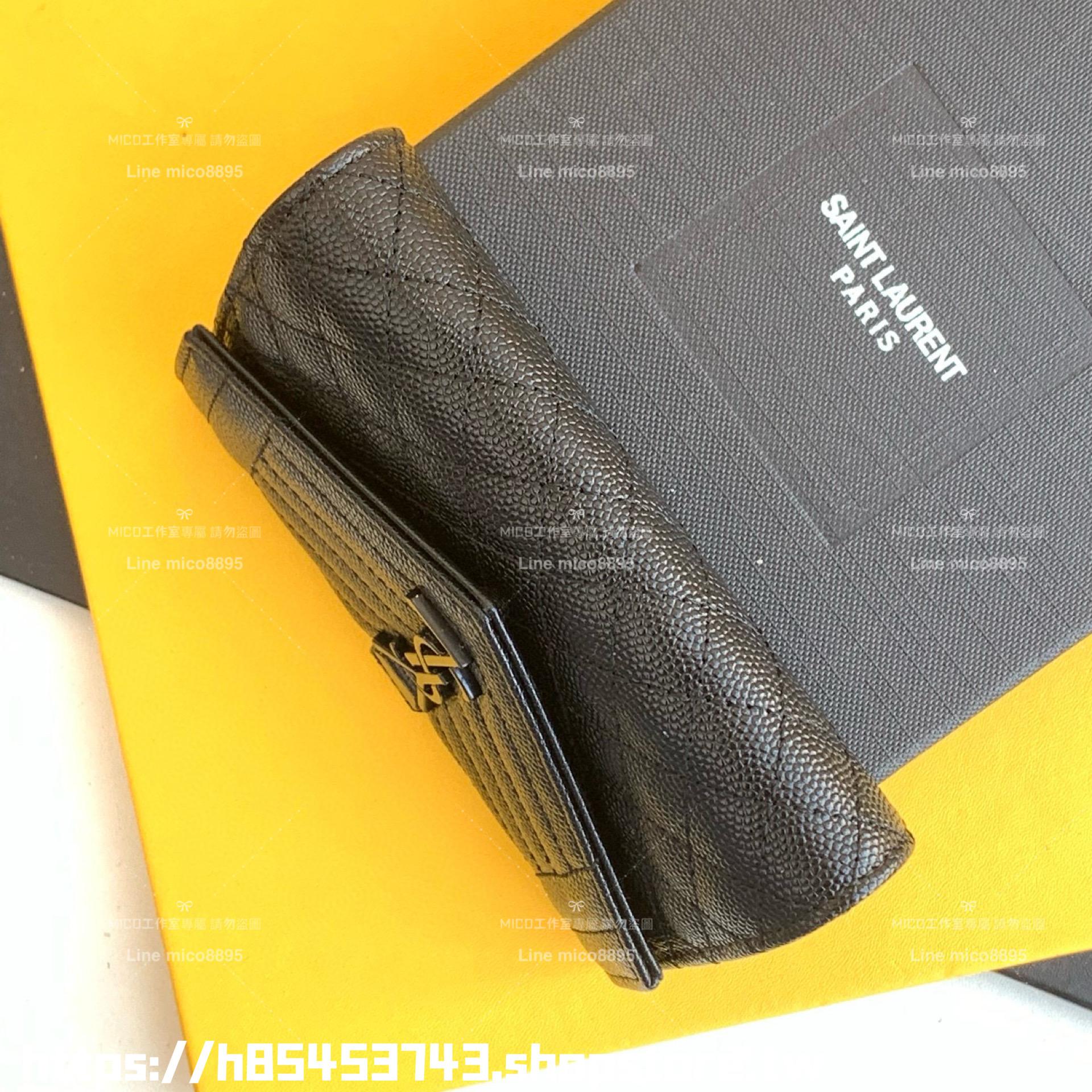 YSL Saint Laurent ALL Black  MIX MATELASSE 魚子醬牛皮翻蓋短夾/卡包/零錢包