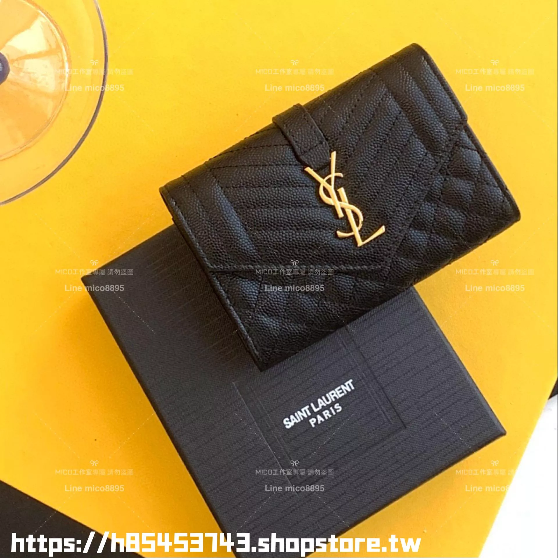 YSL Saint Laurent 黑/金 MIX MATELASSE 魚子醬牛皮翻蓋短夾/卡包/零錢包