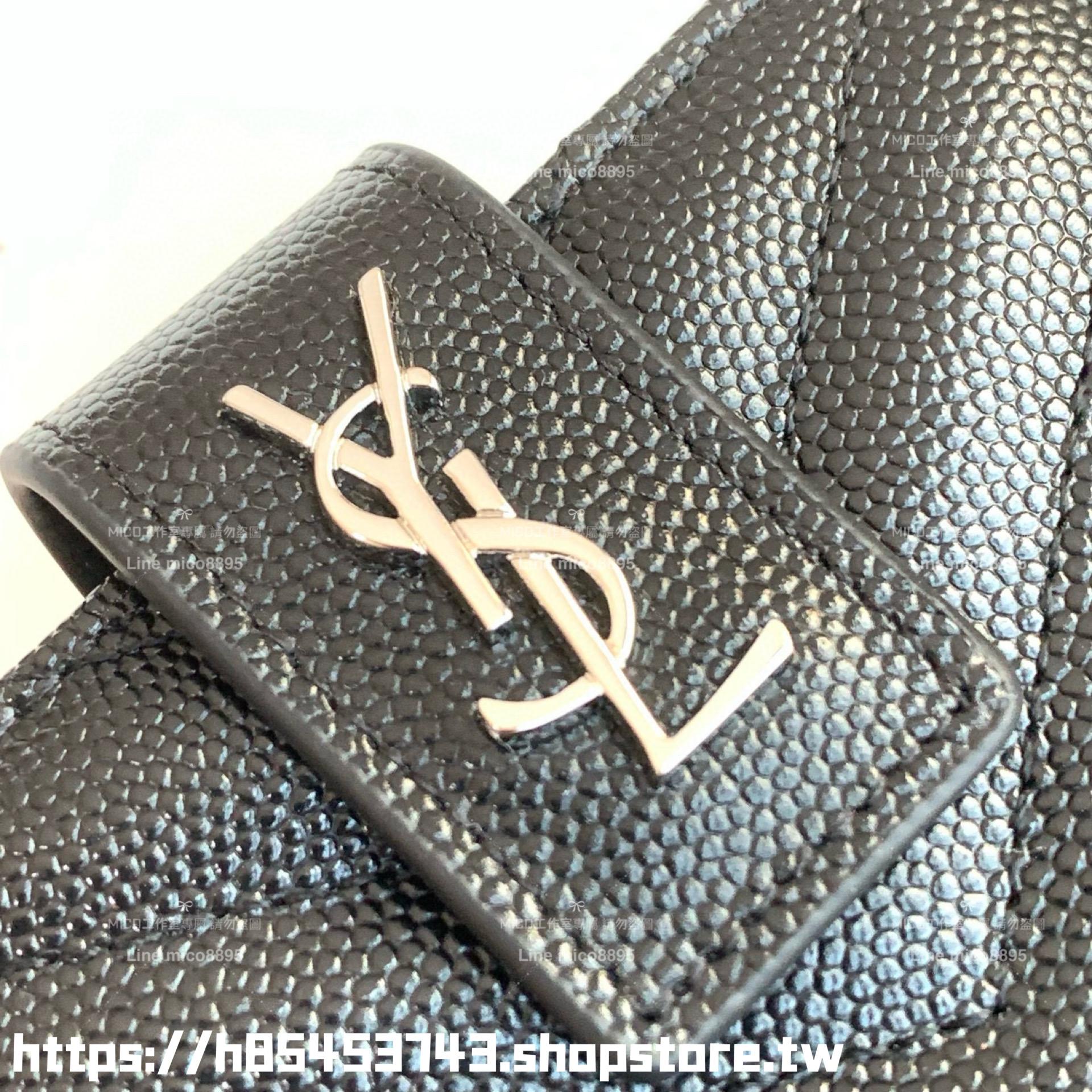 YSL 聖羅蘭Saint Laurent 黑銀 魚子醬牛皮 風琴式卡包/小包