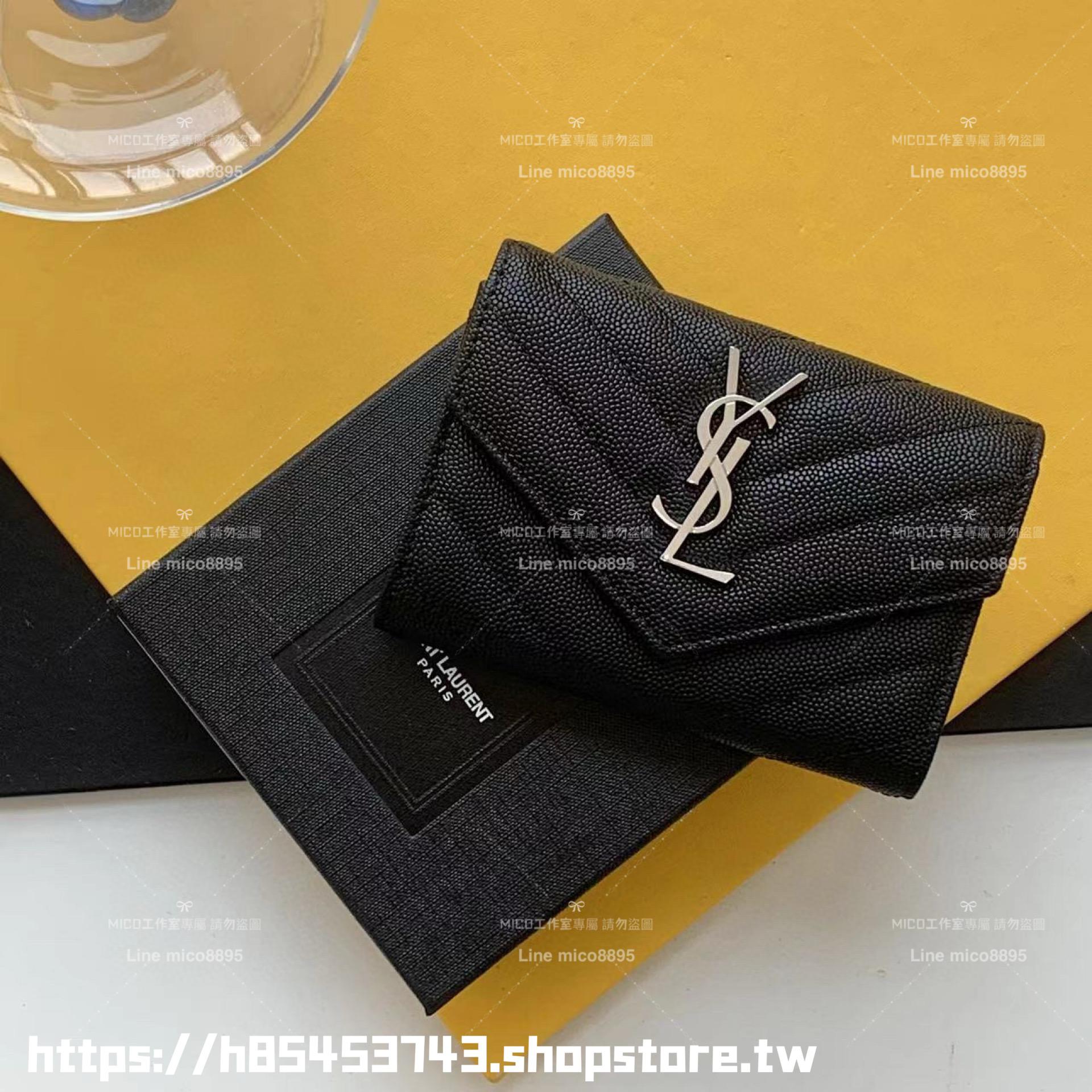 YSL Saint Laurent 黑銀 MONOGRAM粒面壓紋皮革小型信封零錢包/卡包