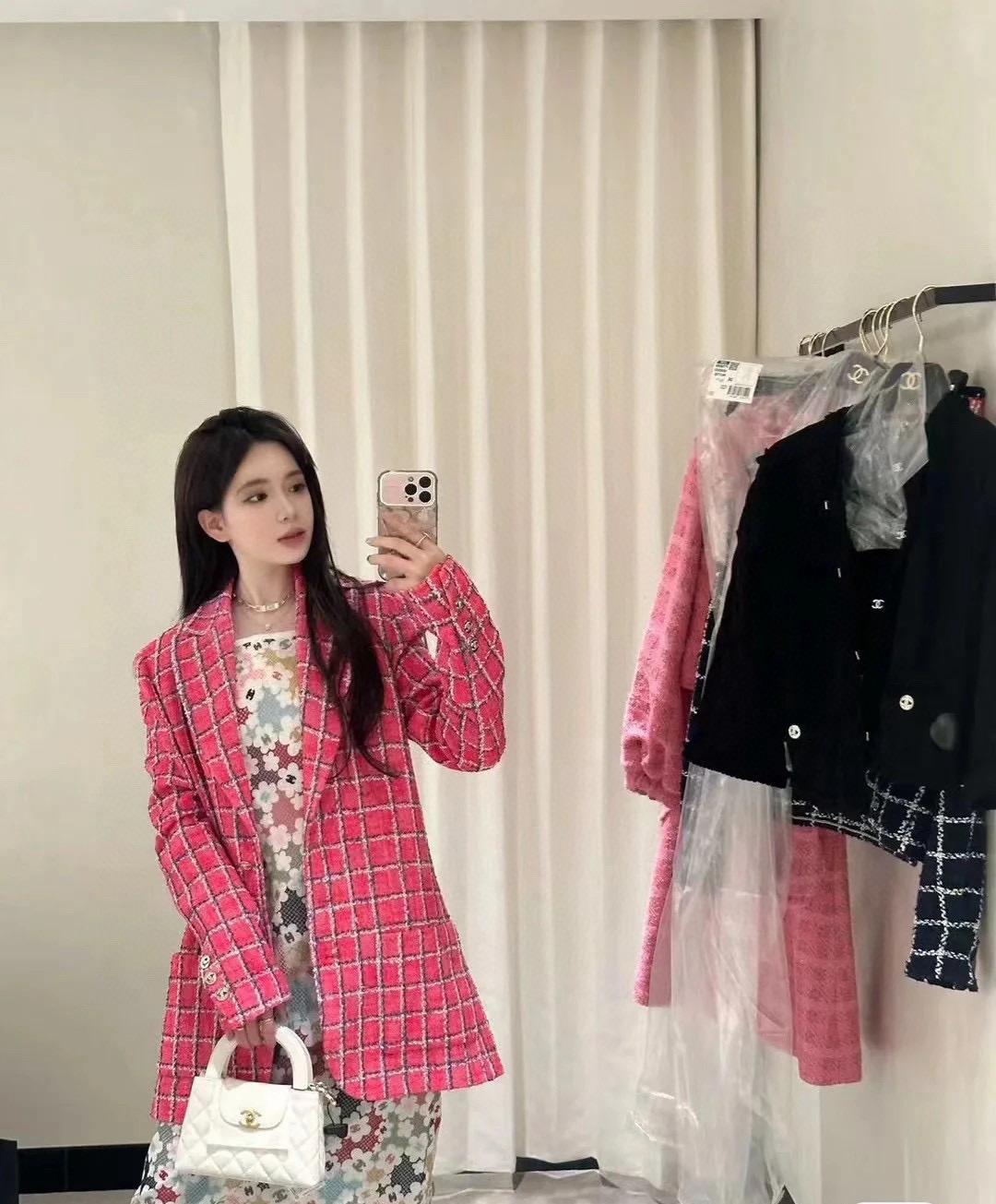 CHANEL 高訂服飾｜24p 粉色格紋斜紋軟呢外套 翻領西裝版型外套 36.38.40