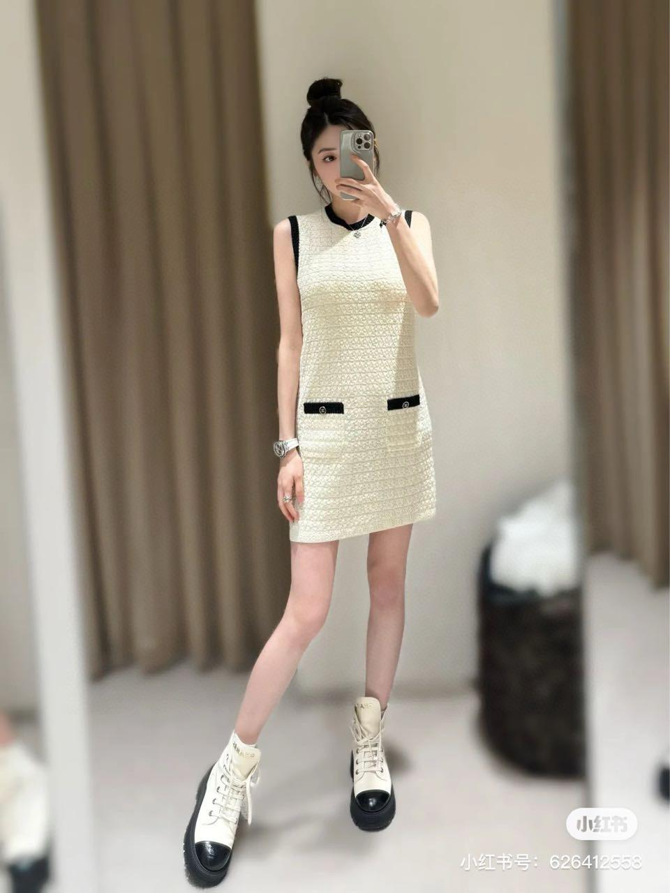 CHANEL 高訂服飾｜24p 奶白色無袖訂製紗線連衣裙 洋裝 36.38.40