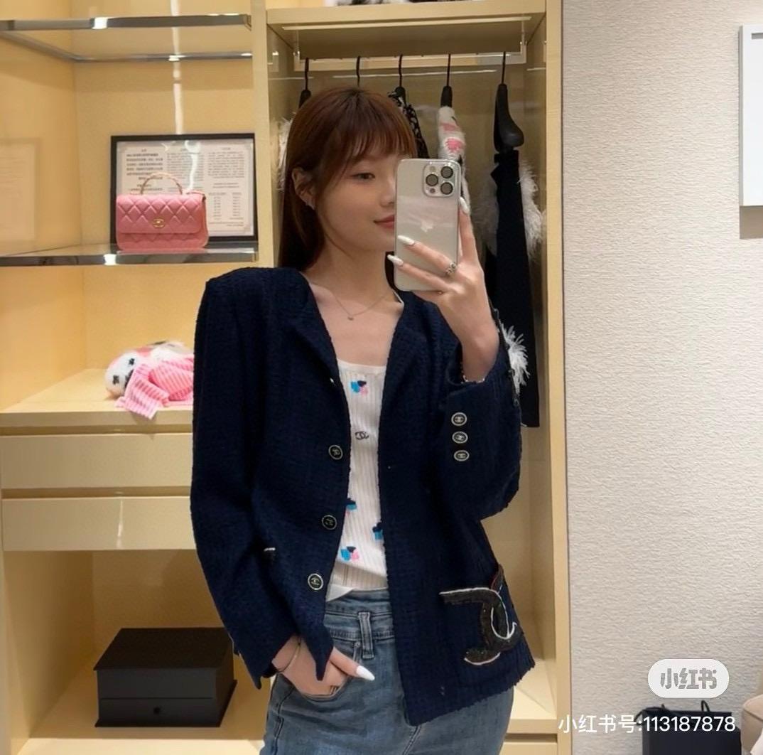 CHANEL 高訂服飾｜24p 藏青色珠片logo口袋外套 36.38.40