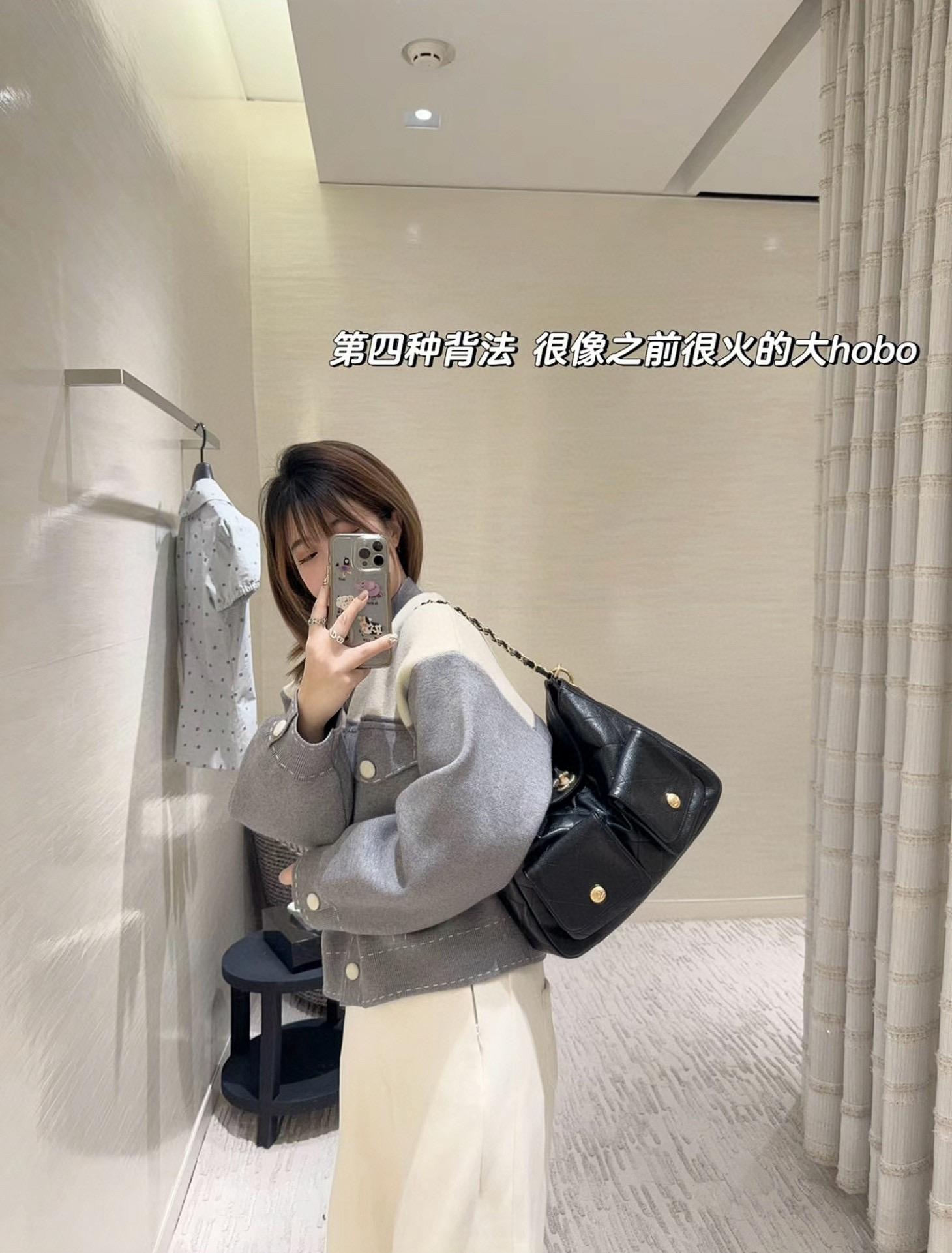 CHANEL 香奈兒 24P 經典黑色/大號 牛皮革 真皮 嬉皮包/郵差包 30cm