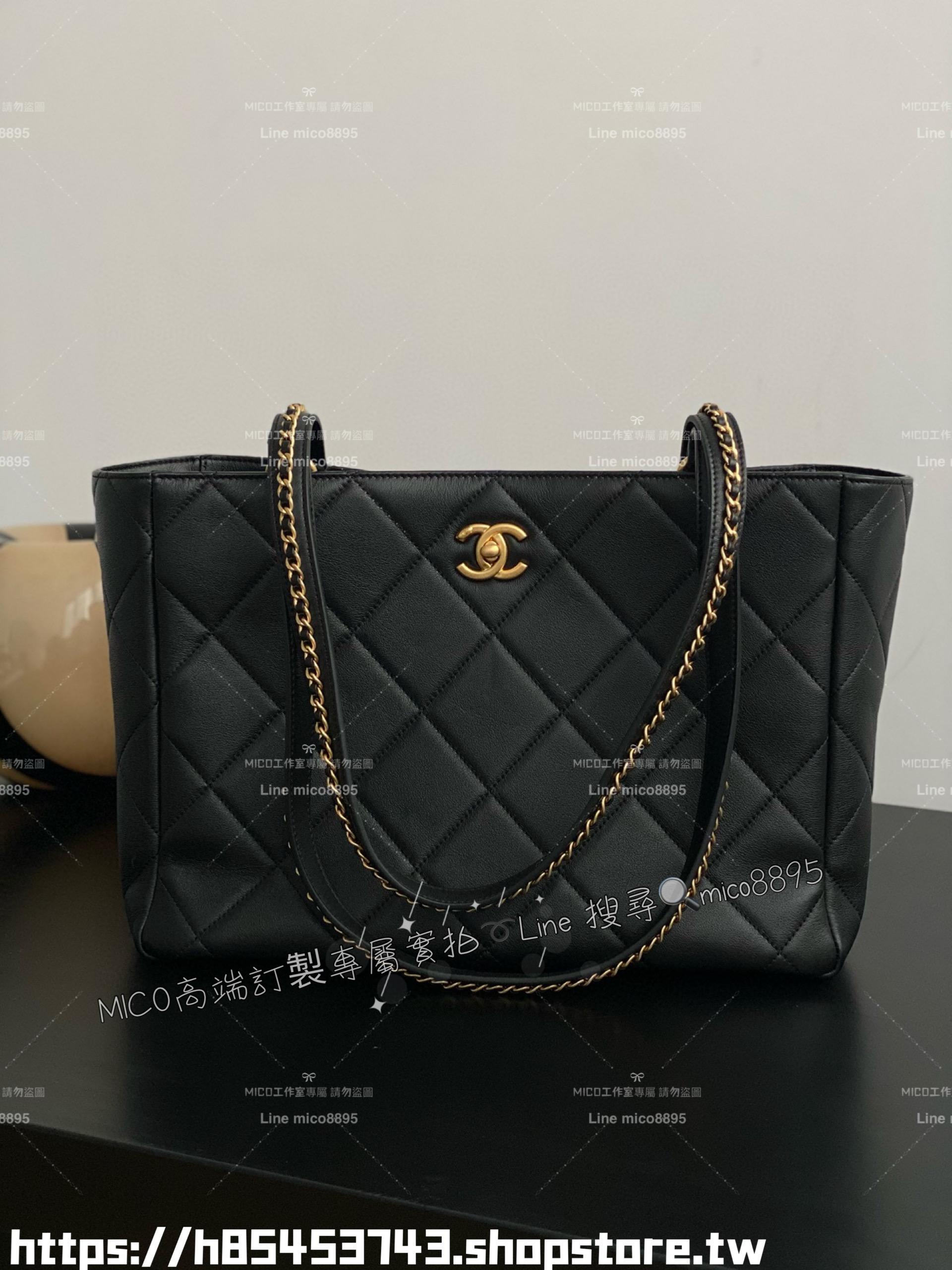 CHANEL 22B 實用款 黑色小牛皮鏈條菱格紋Tote托特包/通勤包/媽媽包 28*37*14cm