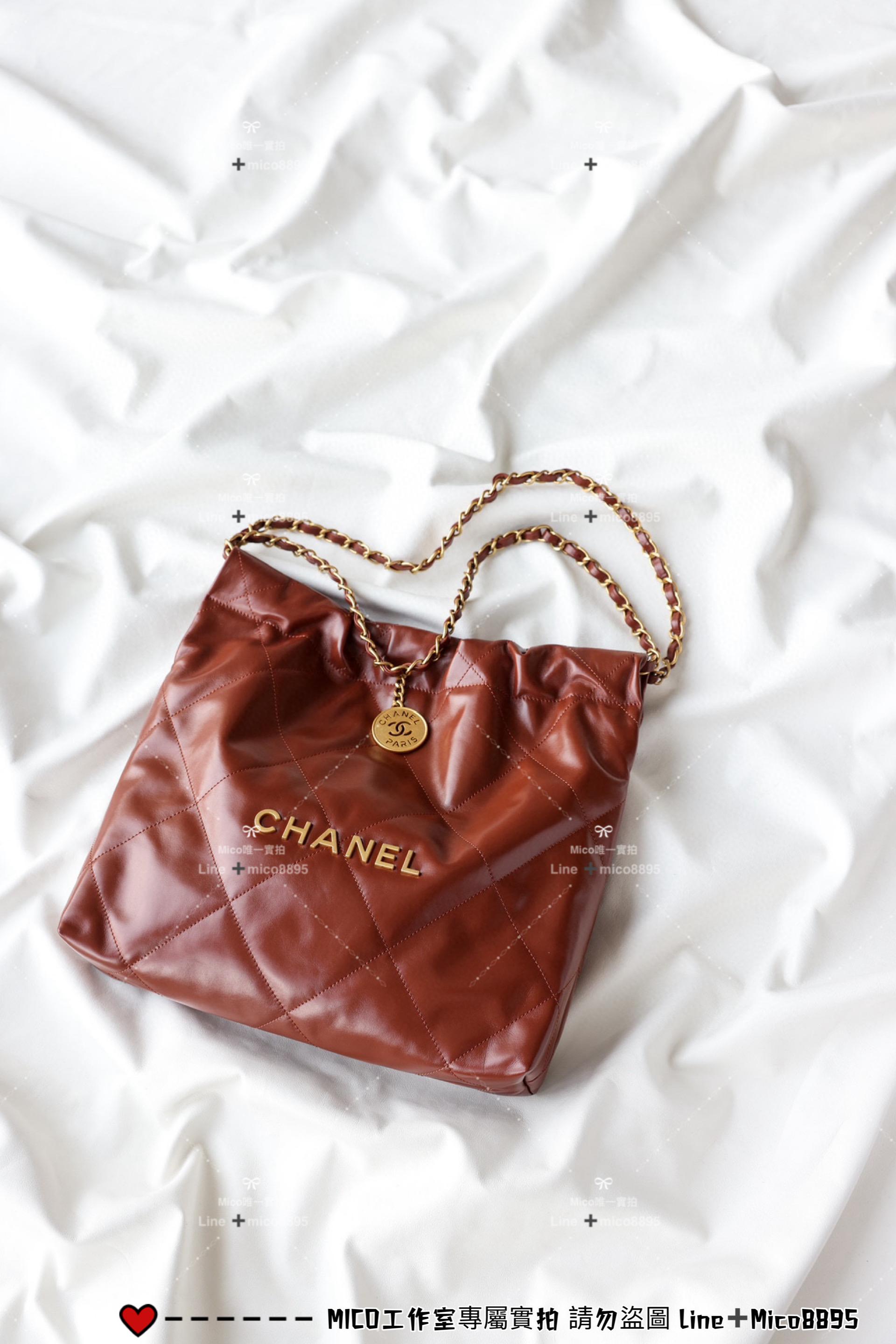 CHANEL 22k 美拉德色系 小號/金棕色/金釦 22Bag/22包 購物袋/媽媽包 35cm