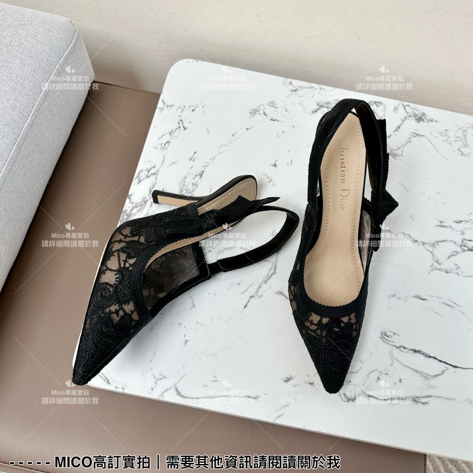 Dior 經典小貓跟黑色蕾絲尖頭繫帶跟鞋/涼鞋/女鞋 跟高9cm 35-40