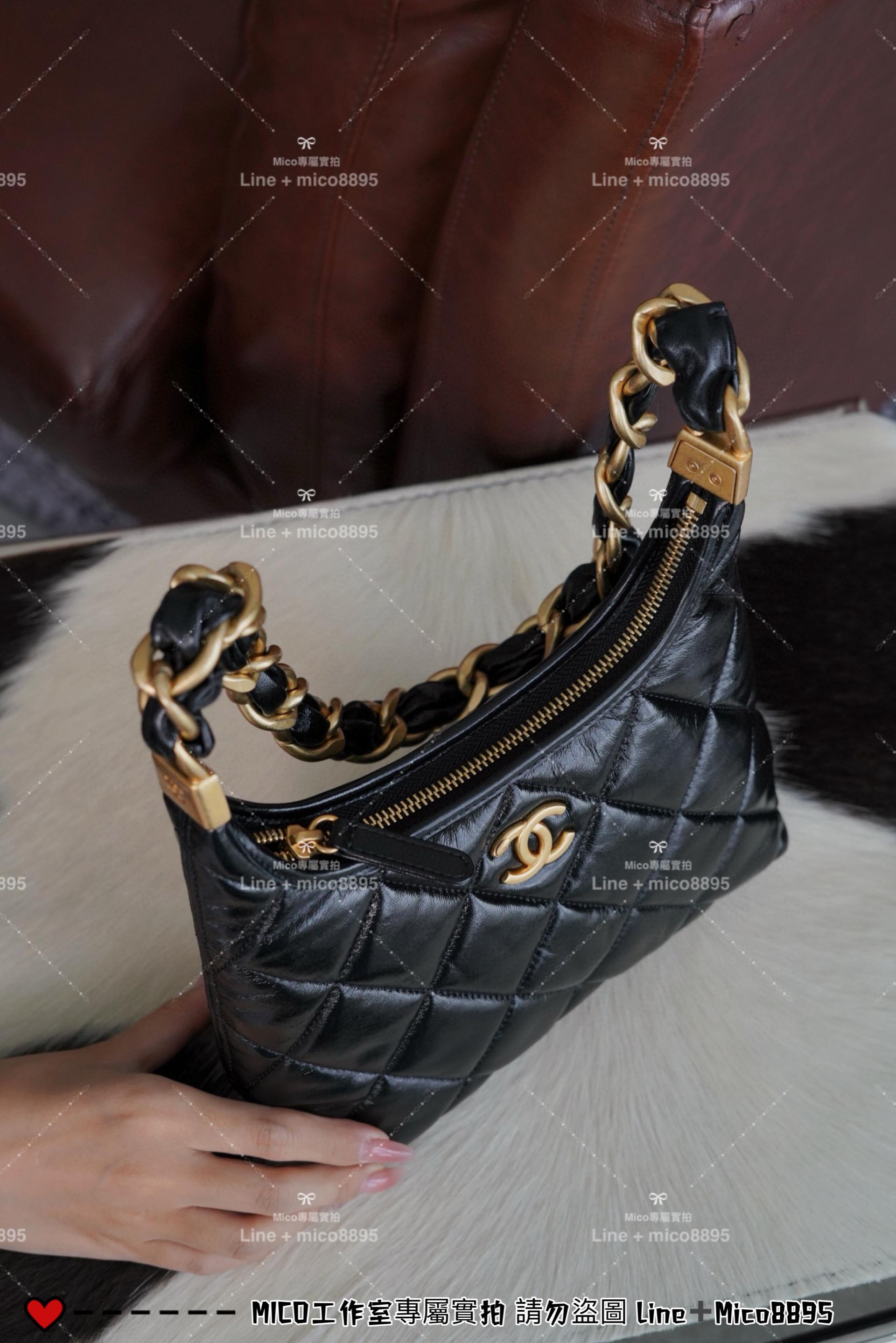 Chanel 香奈兒 24a手工坊系列 油蠟質感小羊皮 小號黑色Hobo肩背包 22.5cm