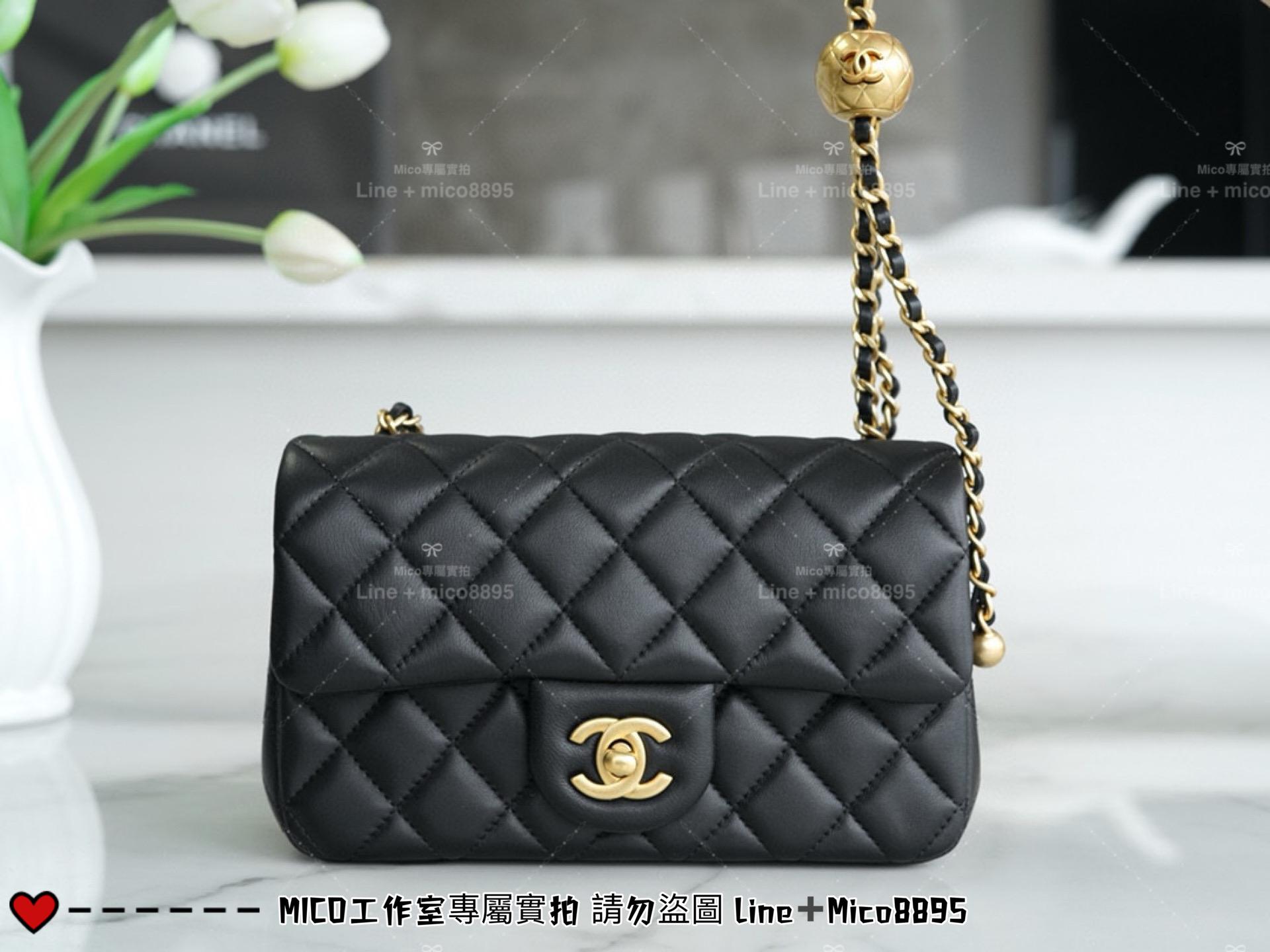 Chanel 香奈兒 新版本硬底款 黑色小羊皮 金球系列 miniCF 20cm 可調節長短