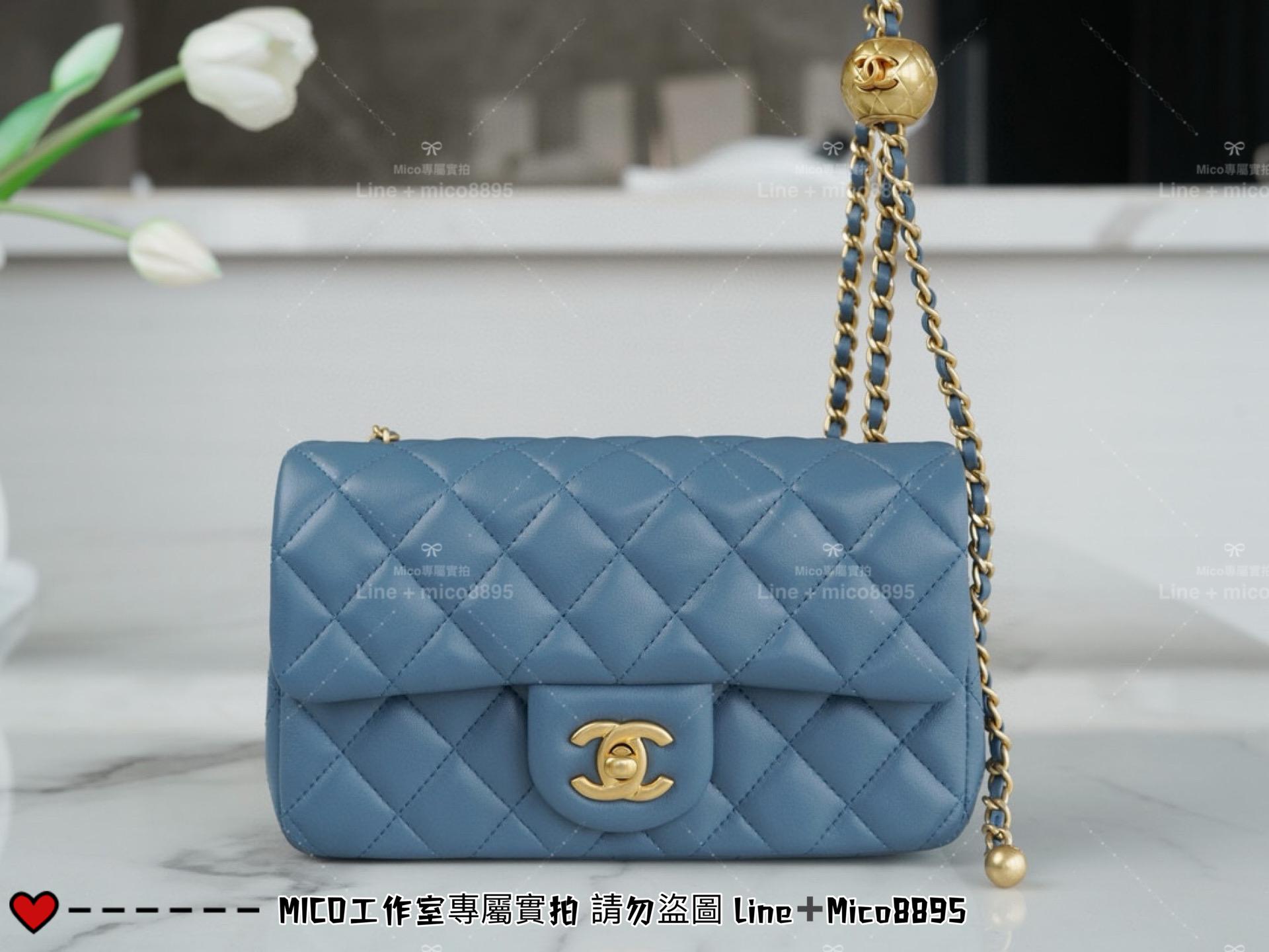 Chanel 香奈兒 新版本硬底款 霧霾藍小羊皮 金球系列 miniCF 20cm 可調節長短